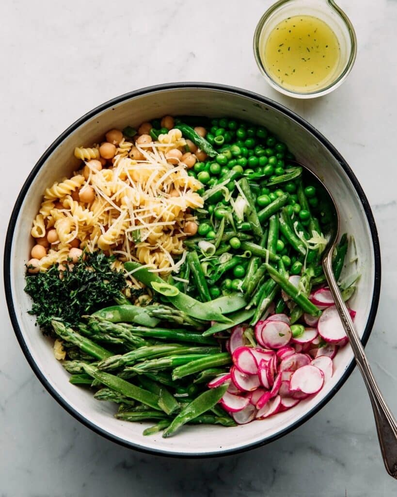 Lemon Herb Pasta Salad with Asparagus, Peas, and Radishes Recipe