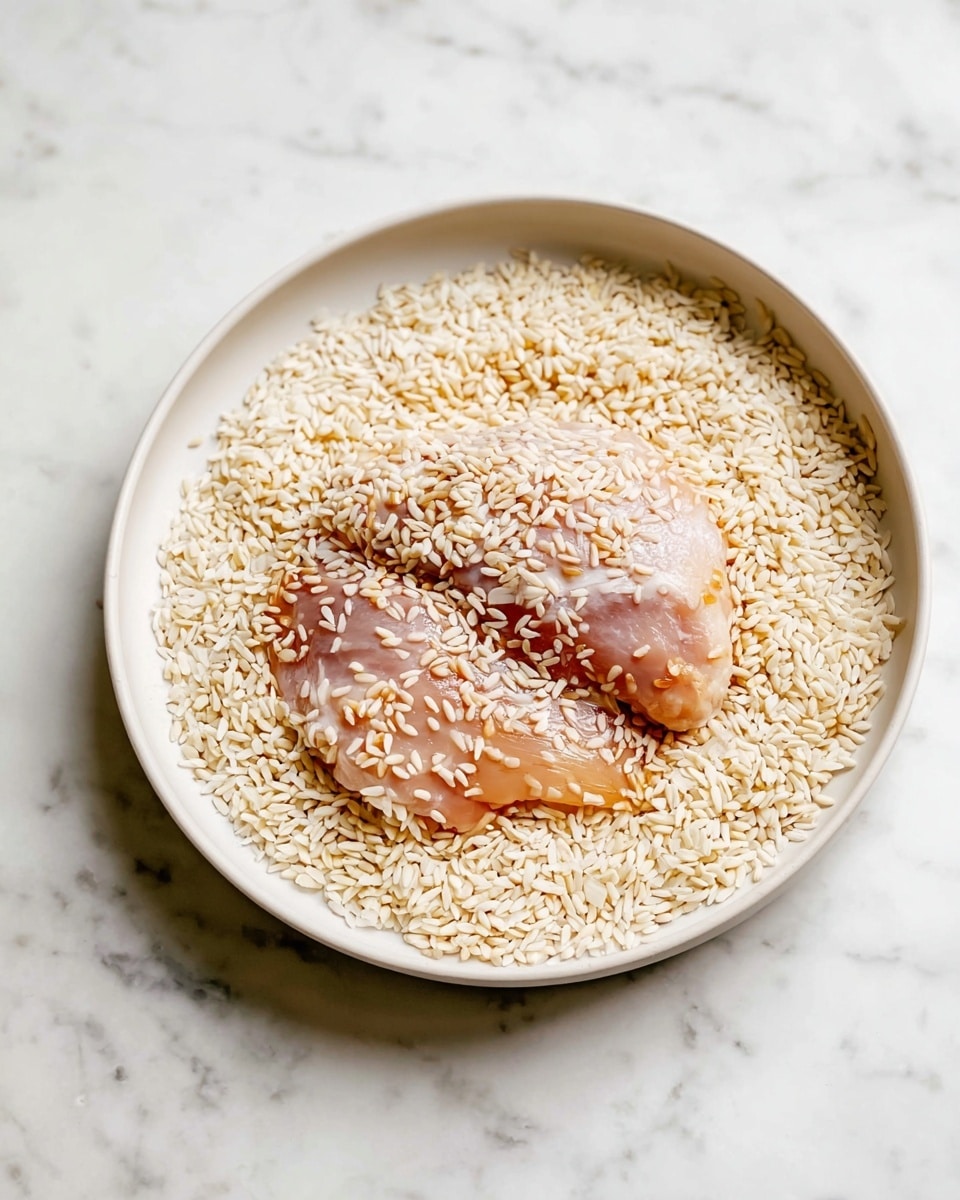 A close-up of two raw chicken pieces placed in the middle of a shallow white bowl filled with light beige puffed rice, with some of the puffed rice sticking on the chicken surface. The chicken has a light pink color with some darker pink parts showing through, and it sits slightly sunken into the puffed rice. The bowl is on a white marbled surface, and natural light softly illuminates the scene from the top. Photo taken with an iphone --ar 4:5 --v 7