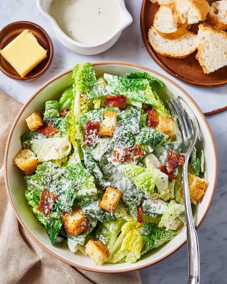 A bowl of Caesar salad sits on a white marbled surface, showing three main layers: the base layer is made of fresh, crisp Romaine lettuce with bright green and light green leaves mixed together; scattered over the lettuce are golden-brown toasted croutons, crunchy and cube-shaped; small bits of cooked bacon add reddish-brown accents, while a light drizzle of creamy white Caesar dressing covers parts of the salad, topped with a dusting of finely grated pale yellow Parmesan cheese. Beside the salad bowl is a silver fork resting on a beige cloth napkin, and nearby is a white bowl with extra creamy dressing and a plate with sliced toasted white bread and a small white container of yellow butter. photo taken with an iphone --ar 4:5 --v 7