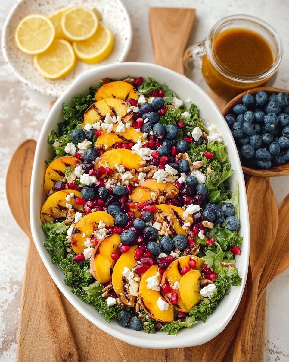 A white oval bowl filled with a fresh salad showing three clear layers: the bottom layer is dark green leafy kale, the middle layer has bright yellow grilled peach slices scattered evenly, and the top layer is dotted with small blue blueberries, red pomegranate seeds, white crumbled feta cheese, and light brown toasted pine nuts. The bowl is placed on a wooden surface next to wooden salad spoons, with a small white speckled plate holding lemon wedges and blueberries in the upper right corner, and a clear small glass bowl with brown salad dressing nearby. The background is a white marbled texture. Photo taken with an iphone --ar 4:5 --v 7
