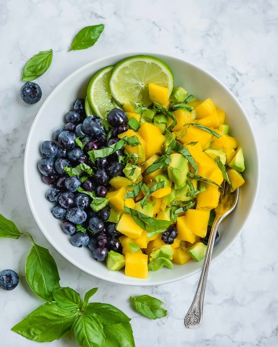A white bowl on a white marbled surface holds a fresh fruit salad made of three main layers. The bottom layer is bright yellow mango cubes, mixed with small light green avocado chunks scattered evenly throughout. The middle layer has whole dark blue blueberries that add depth and contrast to the fruit mix. Fresh green chopped basil leaves are sprinkled on top, adding a touch of vibrant green. Two lime wedge slices rest on the left side inside the bowl, leaning against the fruit mix. A silver fork is placed on the right side inside the bowl, partially resting on the fruit salad. Around the bowl, a few loose blueberries and green basil leaves sit on the white marbled surface. Photo taken with an iphone --ar 4:5 --v 7