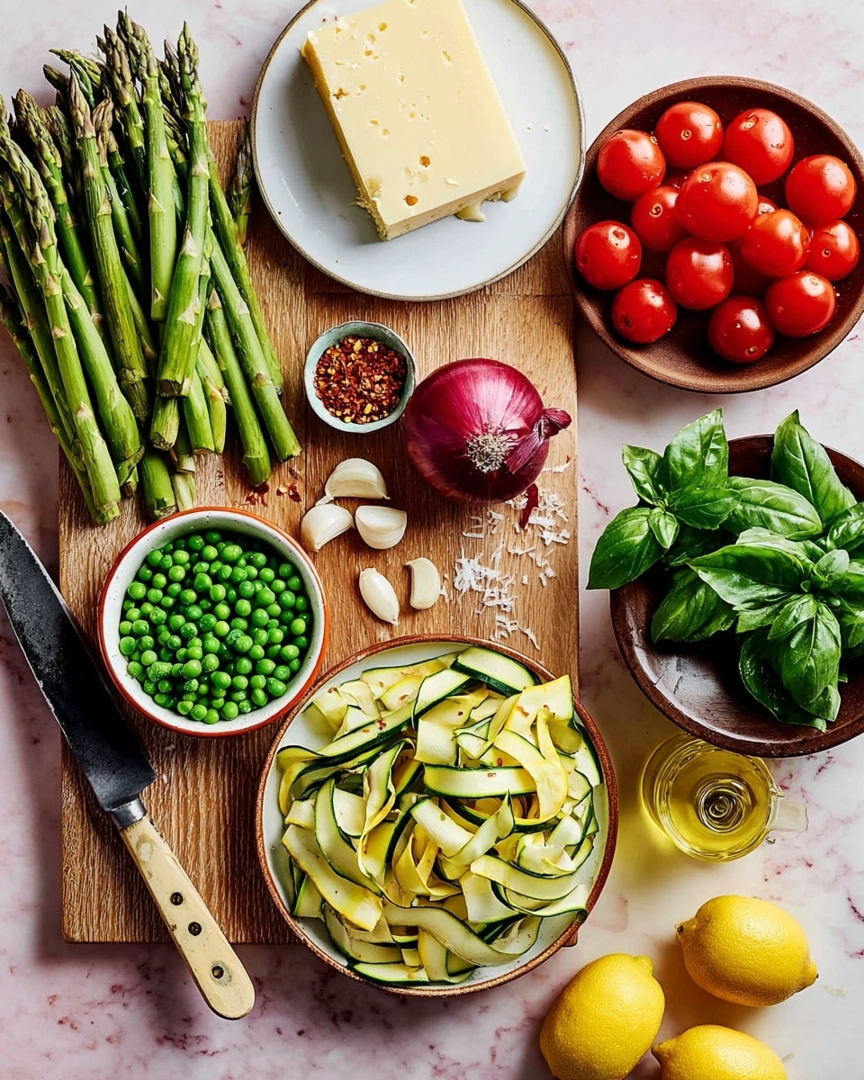 The image shows a flat lay of fresh ingredients on a wooden cutting board over a white marbled texture. On the left side, there is a bunch of green asparagus spears, some small green peas in a round white bowl with a brown rim, and half a red onion. Above the asparagus, there is a white plate holding a block of pale yellow cheese and a small bowl of red chili flakes. At the center, a vintage knife is laid across the wooden cutting board. To the right, a round white plate with a brown rim is filled with thinly sliced green zucchini and yellow squash, with a few garlic cloves resting on top. Above that plate, red grape tomatoes fill a small dark brown bowl next to fresh green basil leaves. In the top right corner, there is a clear glass bottle of olive oil. Two whole lemons sit below the cutting board near the bottom right corner. Photo taken with an iphone --ar 4:5 --v 7