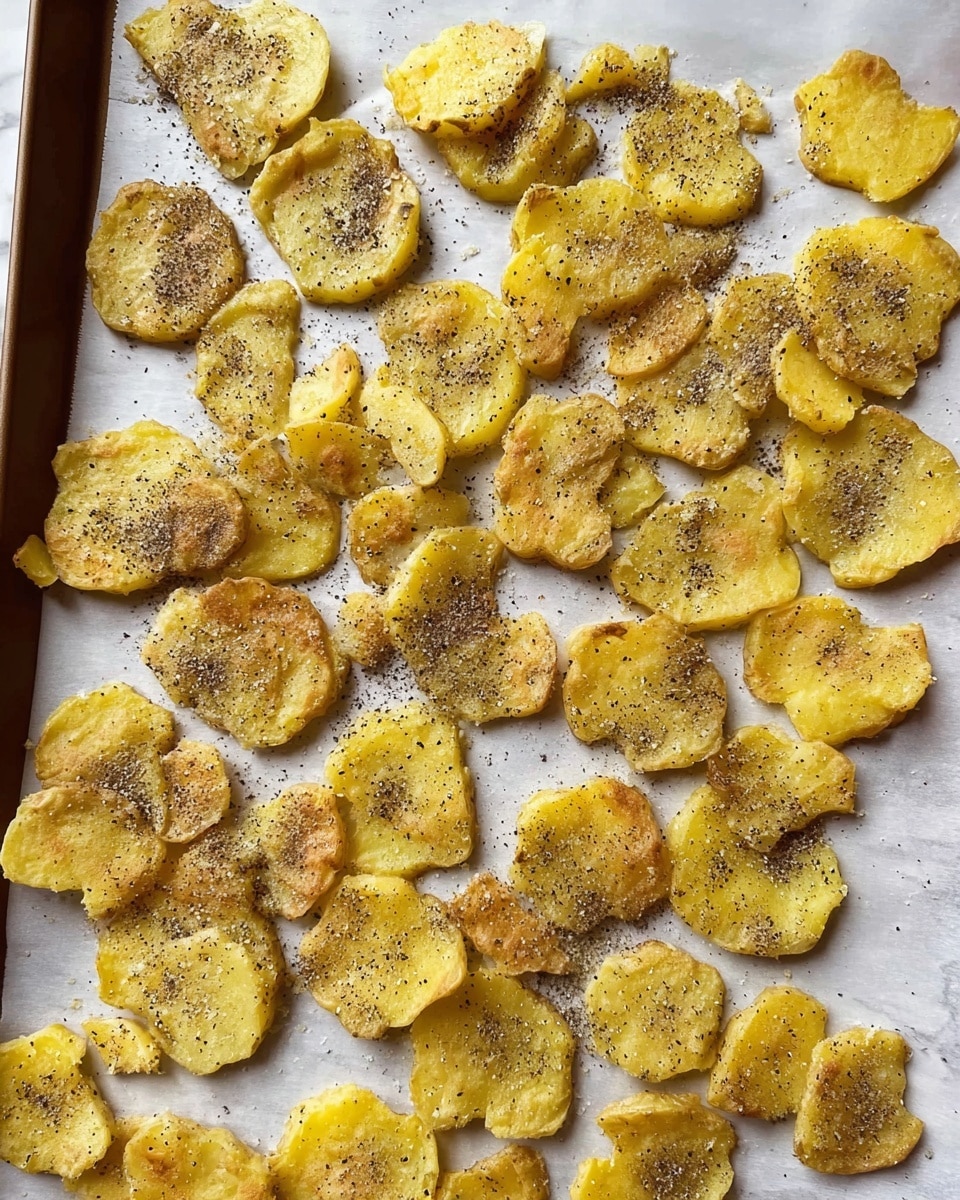 The image shows many small, flat pieces of smashed potatoes spread out on a baking tray lined with white parchment paper, placed on a white marbled surface. Each potato piece is irregularly shaped with golden yellow centers and light brown edges, and they are seasoned with a sprinkling of black pepper over the top. The texture of the potatoes looks soft yet slightly crispy on the edges, and the pieces are spaced closely but not touching each other to ensure even cooking. photo taken with an iphone --ar 4:5 --v 7