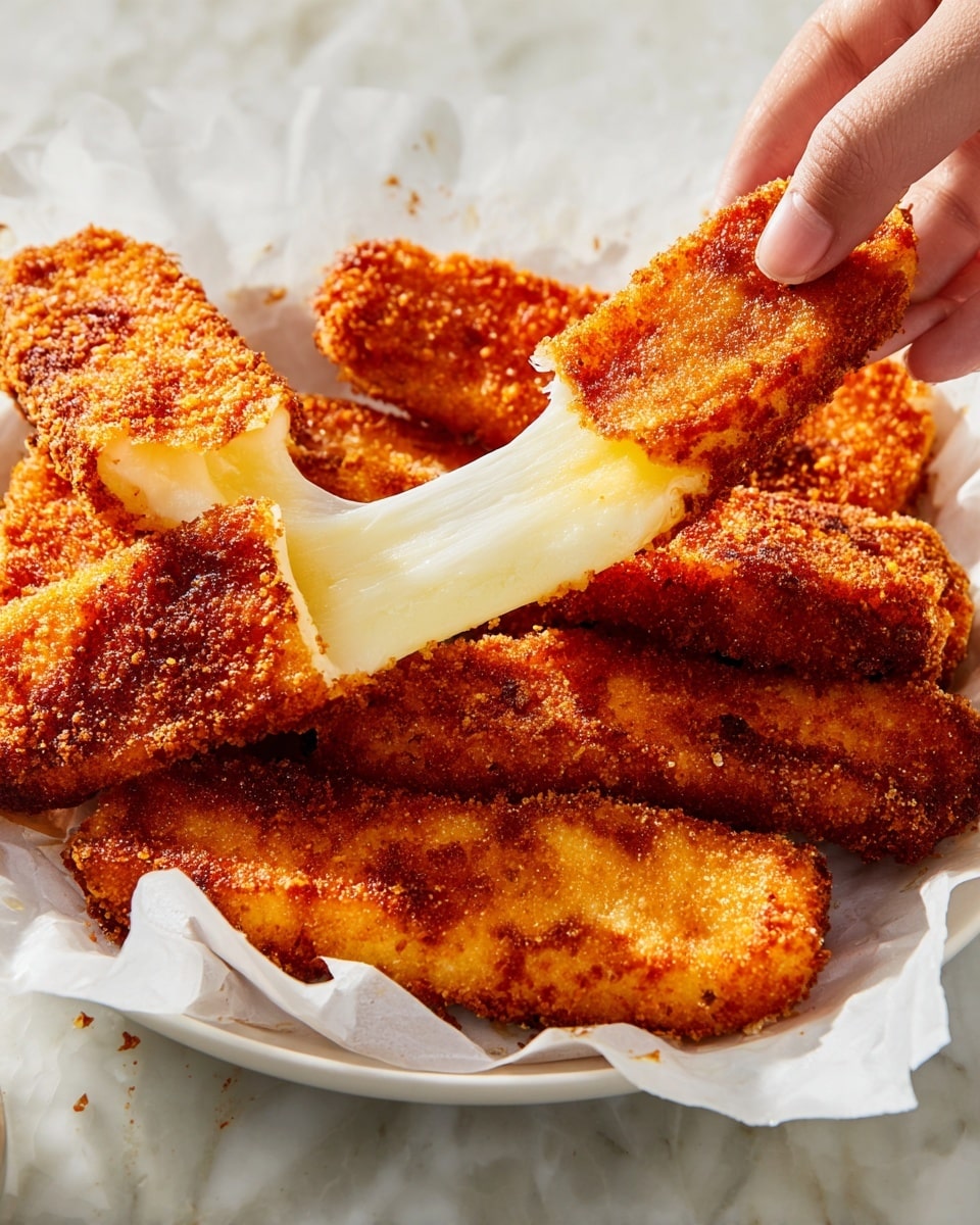 A white round plate with a white paper liner holds several golden brown fried cheese sticks. The crispy outer layer is rough and crunchy with a reddish tint. One cheese stick is being pulled apart by a woman's hand from the left side, showing thick, stretchy pale yellow cheese inside. The cheese is smooth and elastic, clearly separating from the crust as it stretches. The background surface is a white marbled texture. photo taken with an iphone --ar 4:5 --v 7