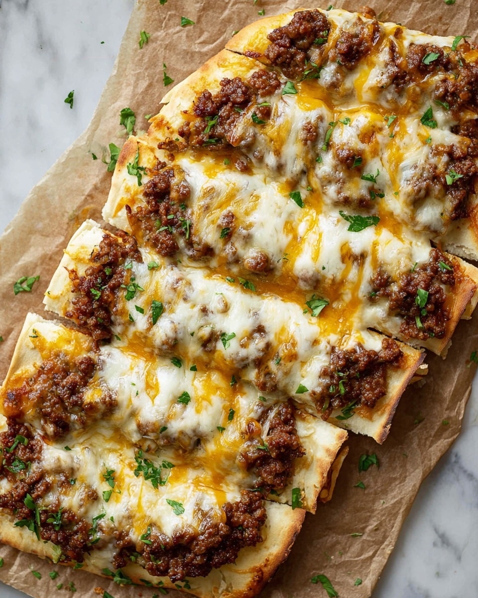 A white flatbread base with a soft, slightly golden texture holds five rolled layers of ground meat tightly placed in a row. Each roll is covered with melted cheese that is a mix of creamy white and bright orange colors, draping over the edges and partially mixing with the meat layer visible underneath. The meat is rich brown with a crumbly texture. Small bits of fresh green herbs are sprinkled on top and around the dish. The flatbread and rolls sit on a piece of light brown parchment paper, with a white marbled surface visible beneath. photo taken with an iphone --ar 4:5 --v 7