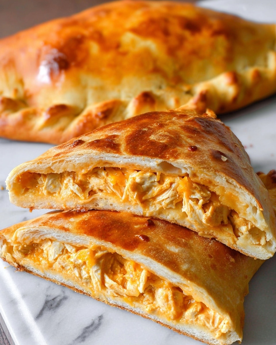 A golden-brown baked calzone is shown on a white marbled surface, with one calzone whole in the background and one calzone cut in half in the front. The cut calzone reveals two layers inside: a top layer of shredded orange cheese mixed with small pieces of white chicken meat, and a bottom layer of light, soft dough that is slightly browned on the outside. The crust is shiny and has a slightly crispy texture with some darker spots from baking. The white marbled surface underneath has subtle grey vein details. Photo taken with an iphone --ar 4:5 --v 7