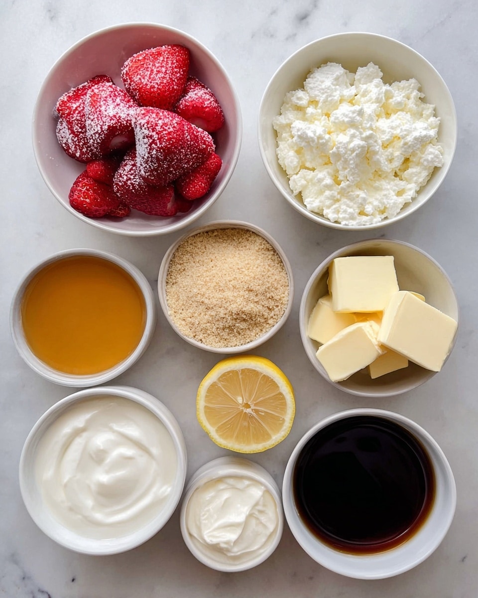 The image shows eight small white bowls arranged on a white marbled surface, each containing different ingredients. One bowl holds bright red frozen strawberries covered lightly with frost, placed near the center. To the top right, a bowl is filled with creamy white cottage cheese with a lumpy texture. Below it, a bowl contains light brown crumbly graham cracker crumbs. To the bottom left, a bowl with thick white yogurt sits next to a small bowl filled with smooth golden honey. Another bowl contains small blocks of pale yellow butter, and beside it lies a half-cut lemon showing its bright yellow flesh. A small bowl of white cream cheese with a soft texture and a bowl filled with dark brown vanilla extract complete the set. The photo was taken with an iphone --ar 4:5 --v 7