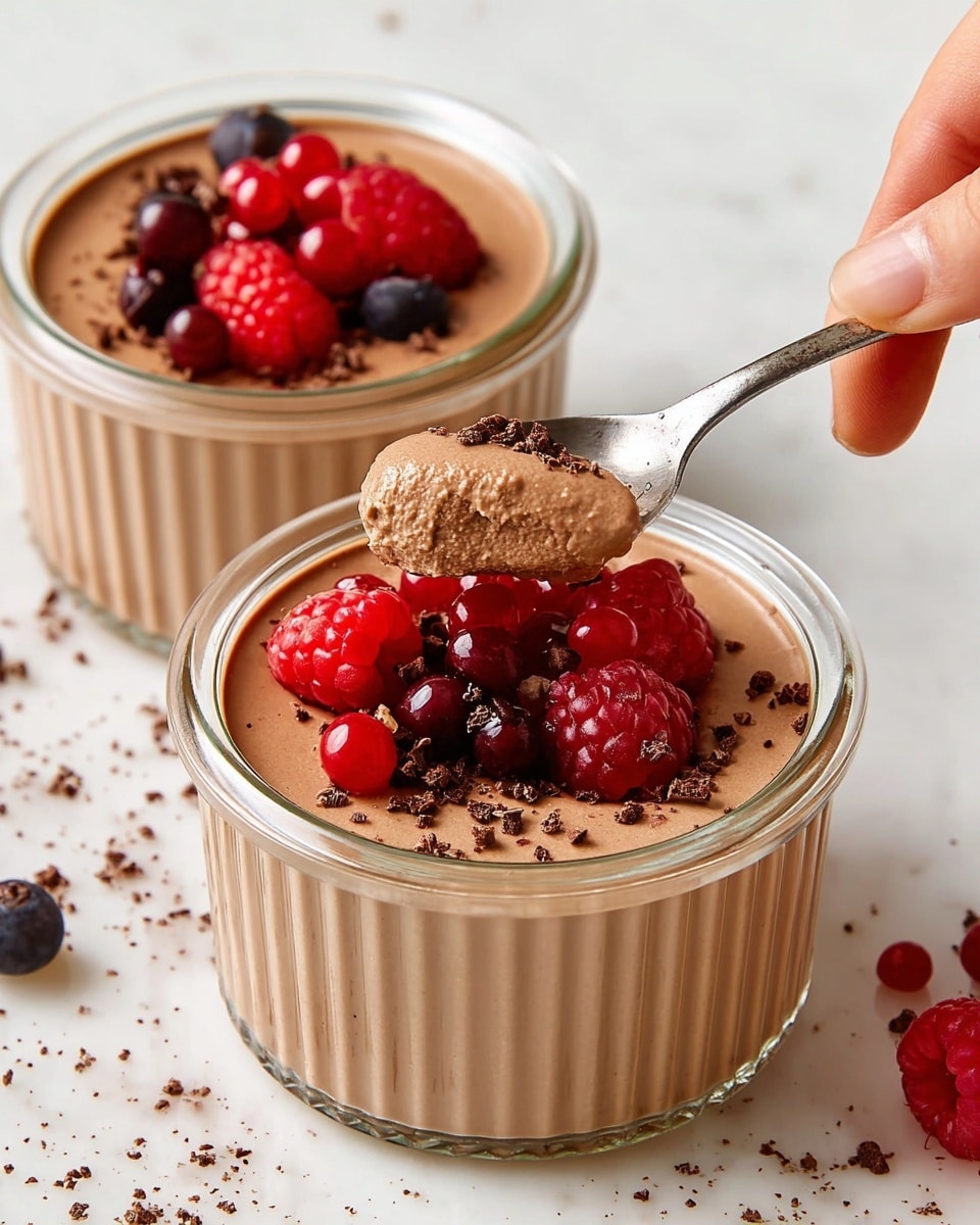 The image shows two small clear glass jars filled with smooth light brown mousse topped with bright red raspberries and dark purple berries, along with small chocolate crumbs sprinkled on the surface. One jar is in the front with a woman's hand holding a spoon that is scooping some mousse and berries from the center, creating a slight dip. The jars have vertical ribbed patterns and sit on a white marbled surface scattered lightly with a few more berries and crumbs. The overall look is creamy, fresh, and inviting. photo taken with an iphone --ar 4:5 --v 7