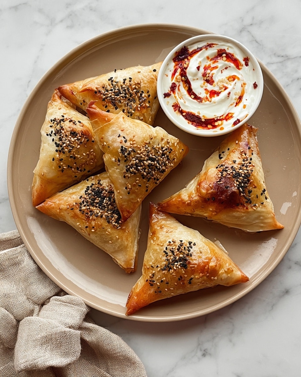 A beige plate holds six golden-brown, triangular pastries, each topped with small clusters of black seeds. The pastries have a slightly shiny, baked surface with some darker spots, showing a flaky, layered texture. In the top right corner, there is a round white bowl filled with a creamy white yogurt sauce swirled with bright red chili oil and bits of chili flakes, creating a marbled red and white effect on the surface. The whole setting is placed on a white marbled surface with a loosely tied beige cloth napkin at the bottom left corner. photo taken with an iphone --ar 4:5 --v 7