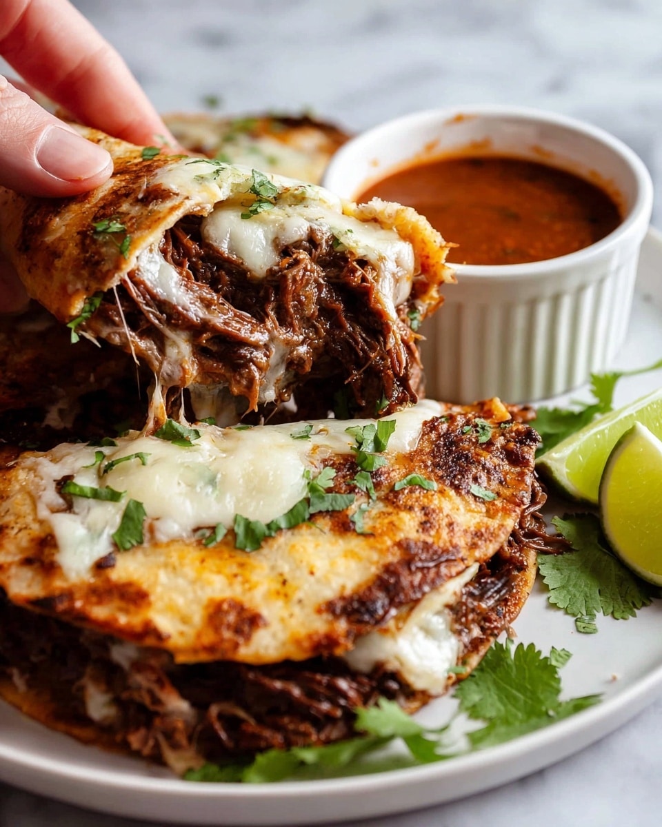 The image shows three orange-brown fried tacos, each folded in half with crispy, slightly charred exteriors. Inside, melted cheese and shredded dark meat peek from the edges. The tacos are placed on white parchment on a white marbled surface, garnished with fresh green cilantro leaves scattered around. Lime wedges with bright green flesh and skin sit near the tacos. A white bowl filled with red sauce is partially shown in the top left corner, with a woman's hand holding one taco dipped into the sauce. photo taken with an iphone --ar 4:5 --v 7