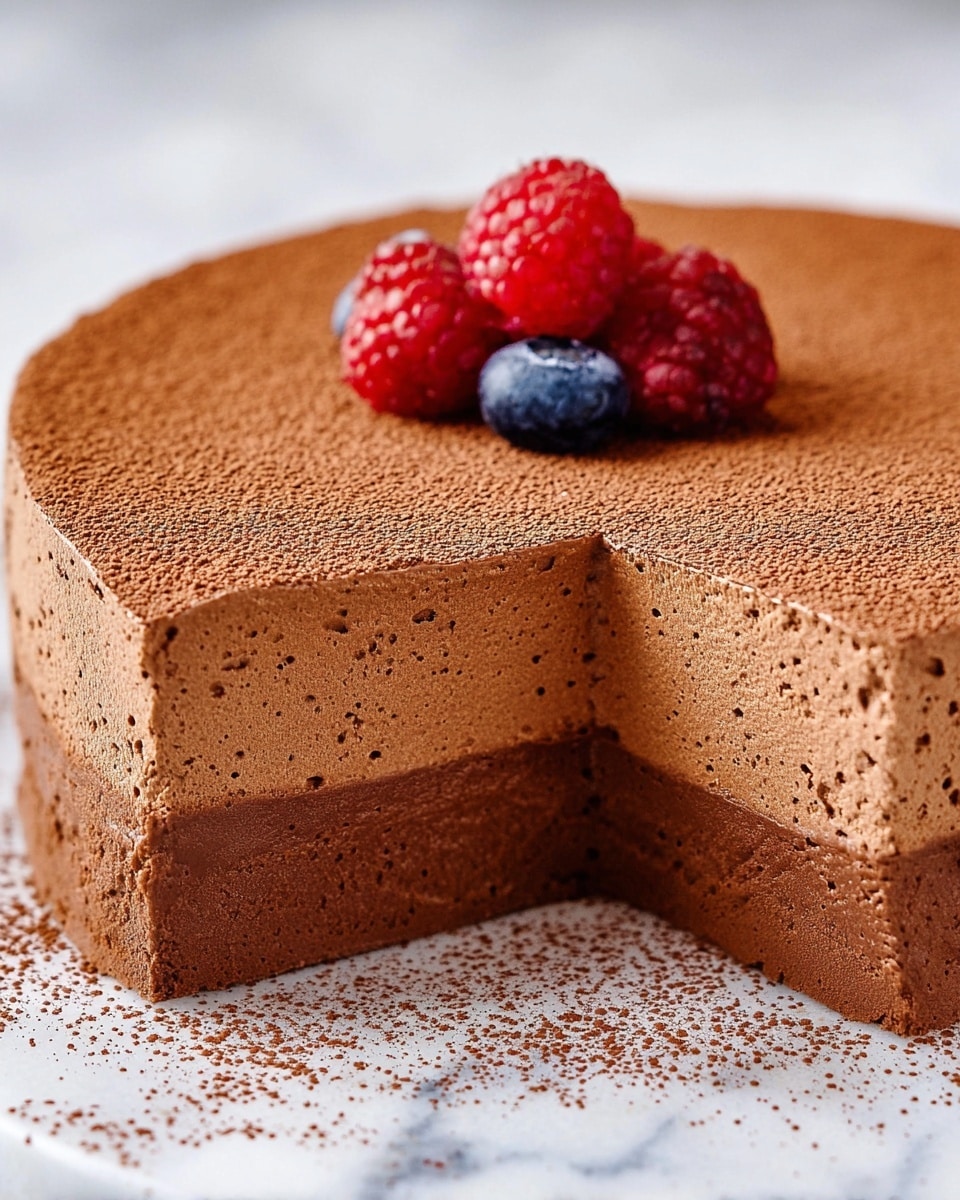 The image shows a two-layer chocolate mousse cake on a white marbled surface. The bottom layer is a thick, smooth chocolate base with a dense texture, while the top layer is a slightly lighter chocolate mousse with small air bubbles giving it a creamy, airy look. The top surface is evenly dusted with fine cocoa powder, and a small cluster of fresh red raspberries and dark blue blueberries sits neatly in the center. The edges of the cake are clean and straight, showing the uniform thickness of both layers. Photo taken with an iphone --ar 4:5 --v 7