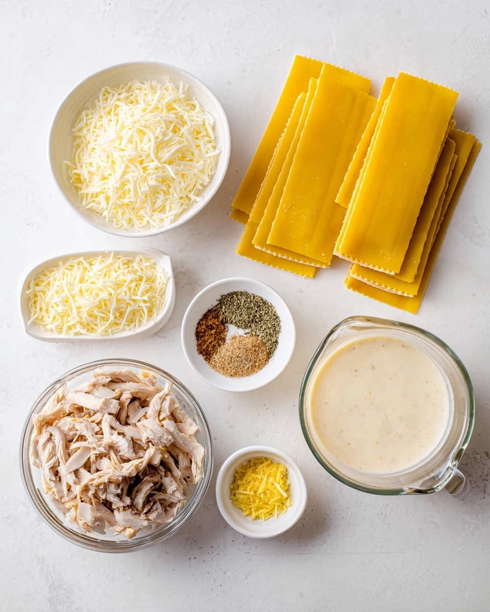 The image shows several ingredients arranged neatly on a white marbled surface. There are six yellow lasagna pasta sheets on the left side, with a bowl of white shredded mozzarella cheese above them. Below the cheese, a small white bowl contains grated parmesan cheese. Next to that, a glass bowl holds a creamy white sauce. To the right of the sauce, a glass measuring cup is filled with shredded cooked chicken with a light brown color. On the top right, three small white bowls contain finely chopped lemon zest, light brown seasoning, and mixed dried herbs. The setup is clean and bright, showing all the ingredients clearly. photo taken with an iphone --ar 4:5 --v 7
