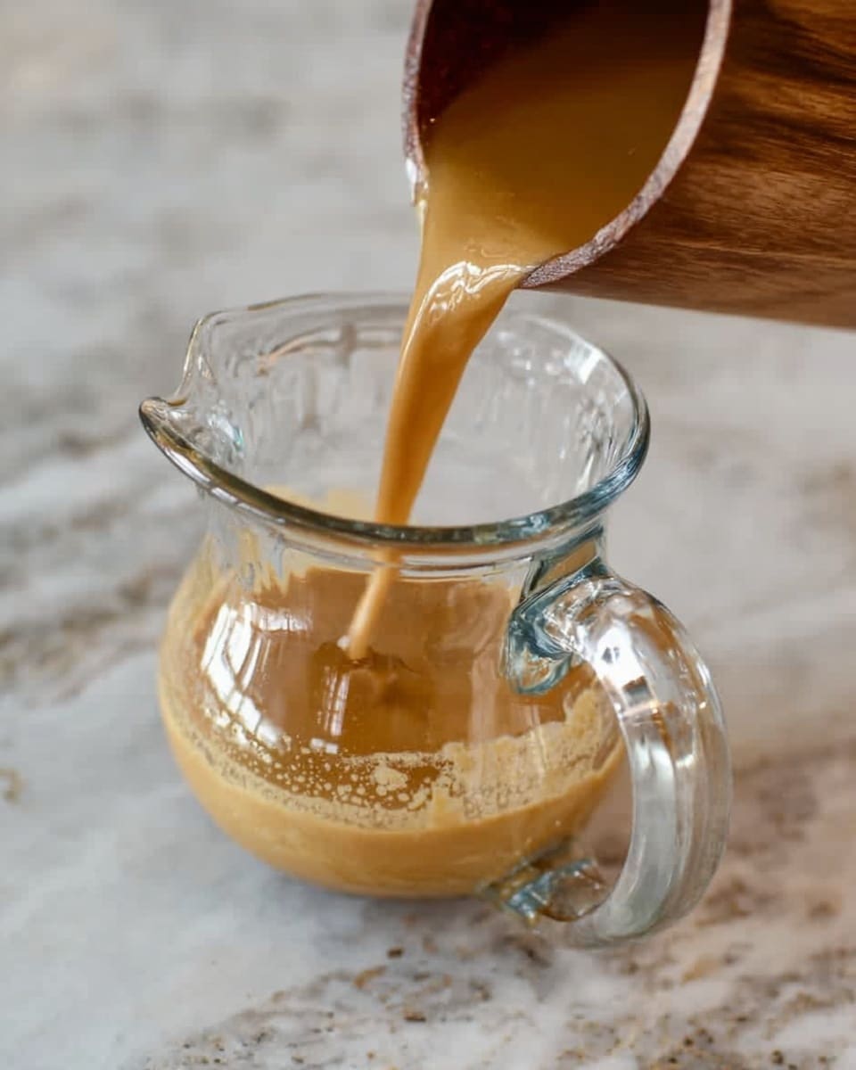 A clear glass small jug with a curved handle is placed on a white marbled surface. A thick, creamy, light brown liquid with a smooth texture is being poured into the jug from a wooden container held at an angle above it. The liquid fills the jug about halfway as it flows steadily. The focus is close up, showing the shine and translucency of the glass and the texture of the liquid inside. Photo taken with an iphone --ar 4:5 --v 7