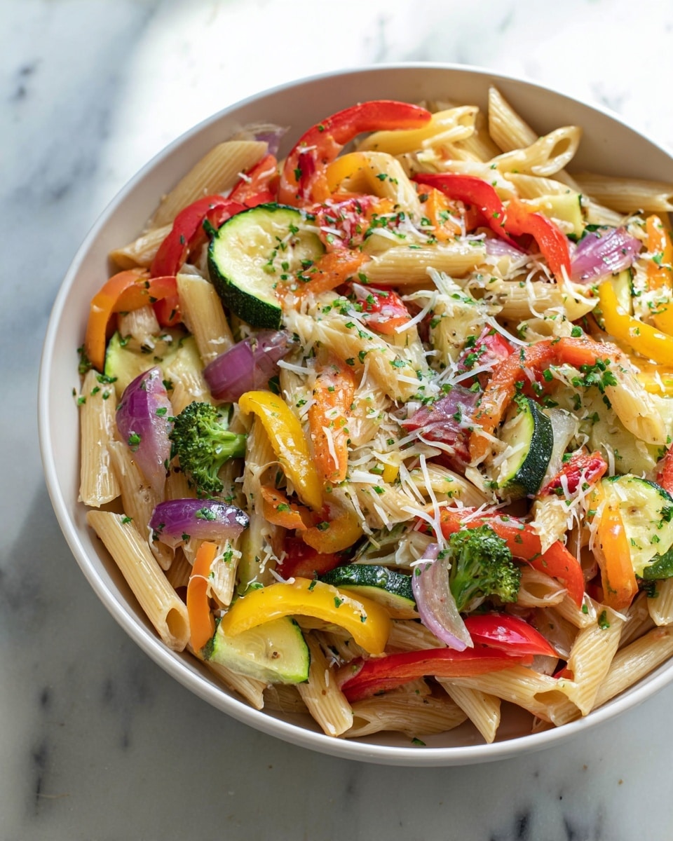 The image shows a round white bowl filled with cooked penne pasta mixed with bright yellow zucchini slices, green broccoli pieces, and red cherry tomatoes. The pasta and vegetables are topped with a sprinkle of finely grated cheese, giving a light dusting of white over the colorful ingredients. The textures vary from soft pasta to the crisp look of broccoli and tender zucchini, creating a fresh and vibrant dish. The bowl is placed on a white marbled surface, and the photo has a clear and natural look. Photo taken with an iphone --ar 4:5 --v 7