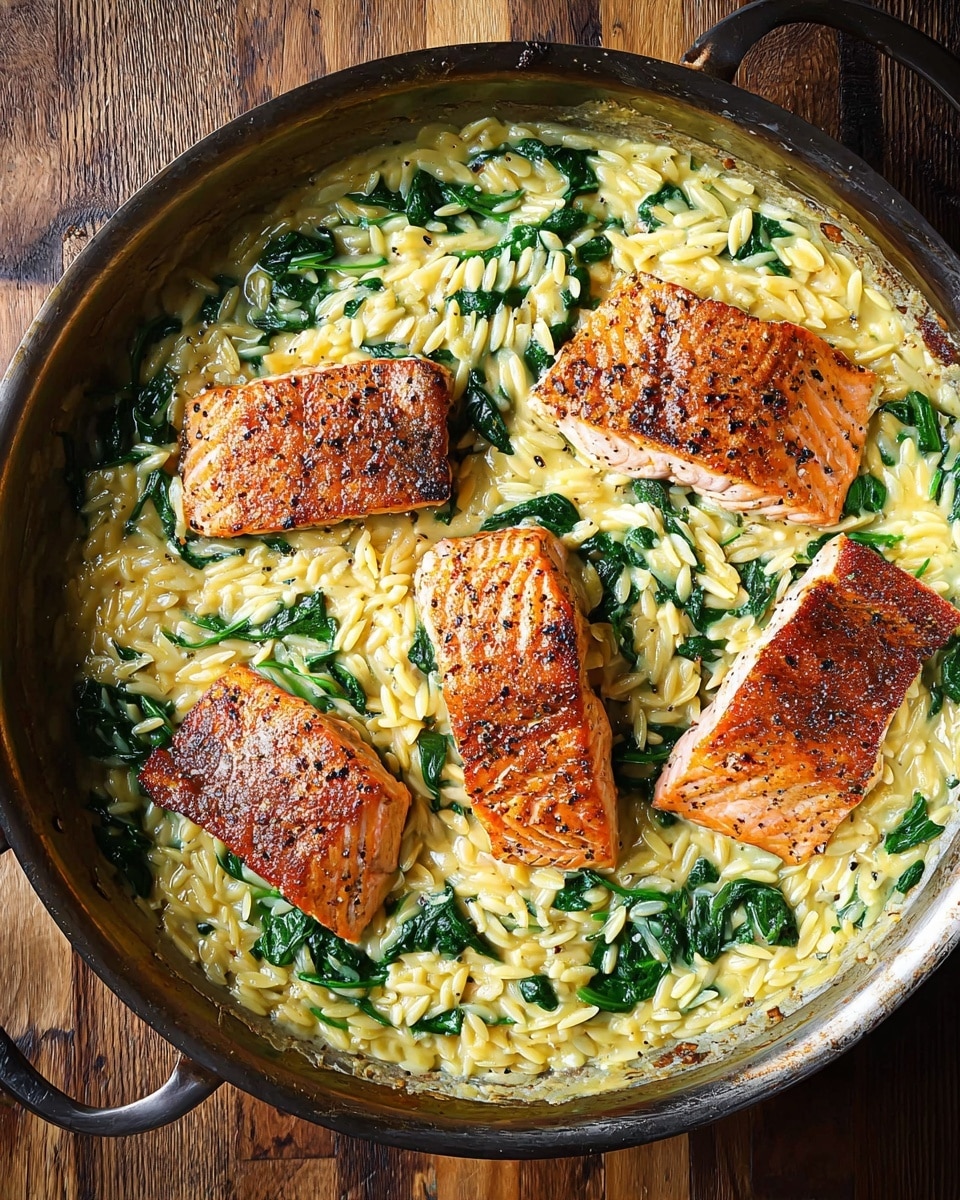 A large round pan sits on a wooden surface, filled with four thick pieces of cooked salmon that are golden brown with a slightly crisp texture and black pepper specks on top. The salmon rests on a bed of creamy orzo pasta, which is pale yellow and mixed evenly with bright green wilted spinach leaves spread throughout. The dish looks warm with a slight shine from a light sauce that coats both the salmon and pasta. The pan’s metal handle extends outward, adding to the home-cooked feel of the meal. photo taken with an iphone --ar 4:5 --v 7