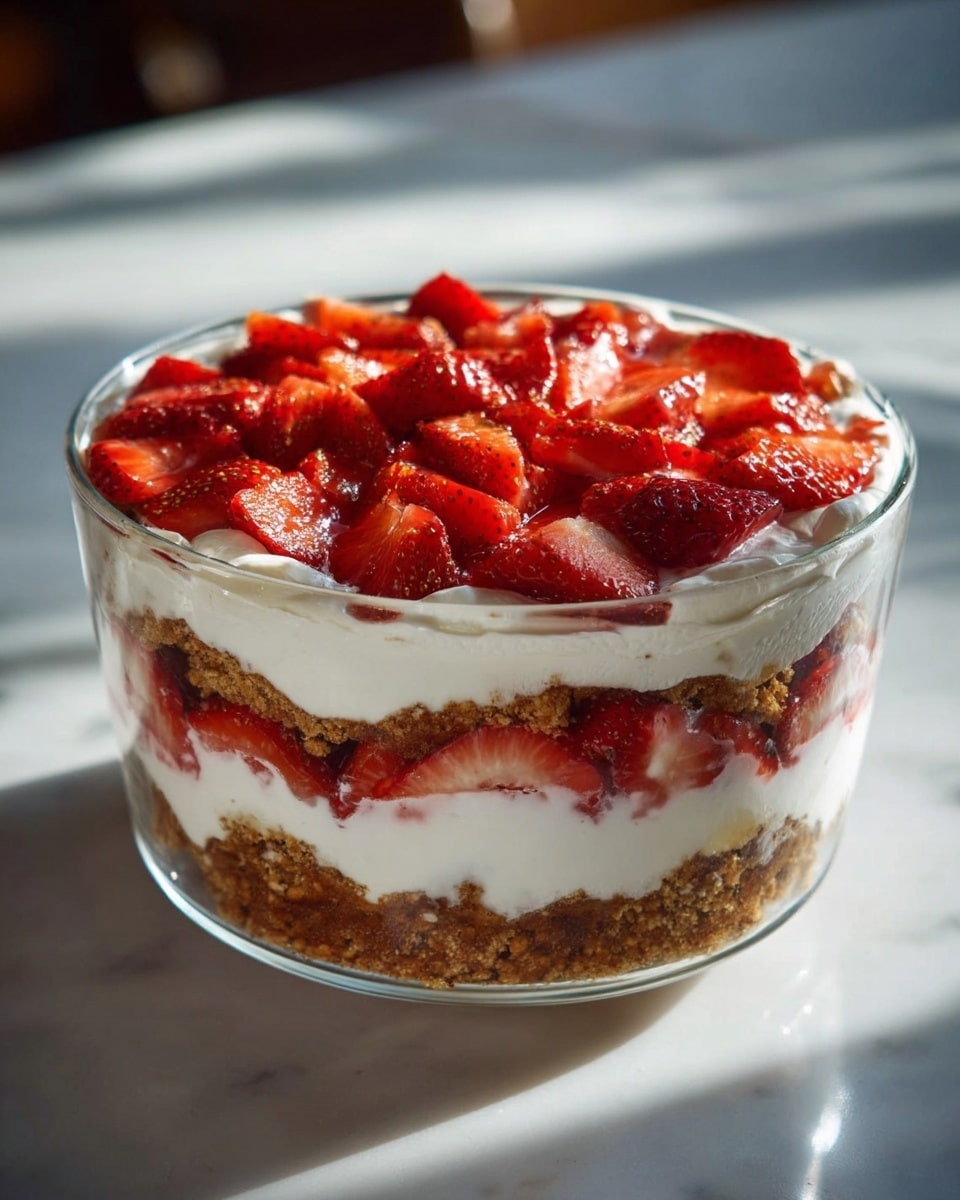 A clear glass bowl shows a layered dessert with three main layers: the bottom layer has brown crumbly pieces mixed with red sliced strawberries, the middle layer is thick and white, looking like cream, the next layer repeats the crumbly brown pieces, topped again with a thick white cream layer, and the top layer is full of bright red sliced strawberries scattered evenly. The bowl sits on a white marbled surface with soft natural light highlighting the textures and colors. photo taken with an iphone --ar 4:5 --v 7