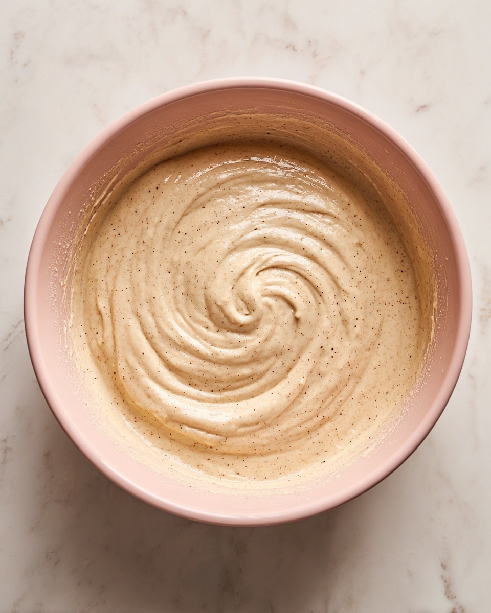 A close-up view of a single mixing bowl filled with smooth, creamy batter that is light beige in color with tiny dark specks throughout. The batter has visible swirling patterns from mixing and clings softly to the sides of the bowl. The bowl is pale pink and set on a white marbled surface that shows subtle gray veining. photo taken with an iphone --ar 4:5 --v 7