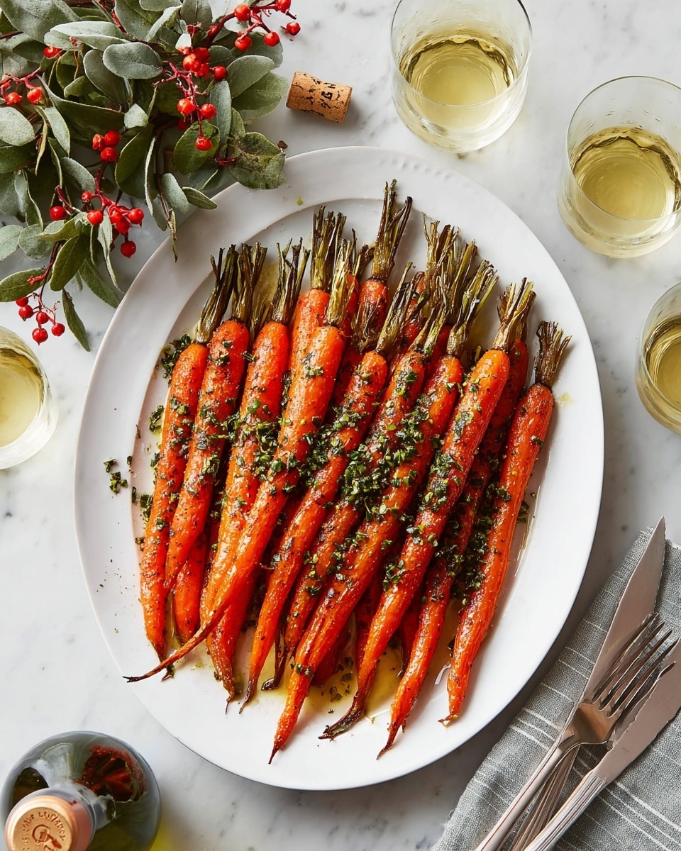 A white round plate filled with a single layer of whole roasted carrots, all arranged side by side with their tops pointing outward, showing a deep orange color with a slightly charred texture and sprinkled with green herbs. The carrot tops are trimmed but still visible, with a brownish-green dry look. The plate sits on a white marbled surface, surrounded by two forks on the right and a couple of clear glasses with light yellow liquid. There is also a partially visible wine bottle with a corkscrew beside it, and a green leafy plant with small red berries in the upper left. photo taken with an iphone --ar 4:5 --v 7