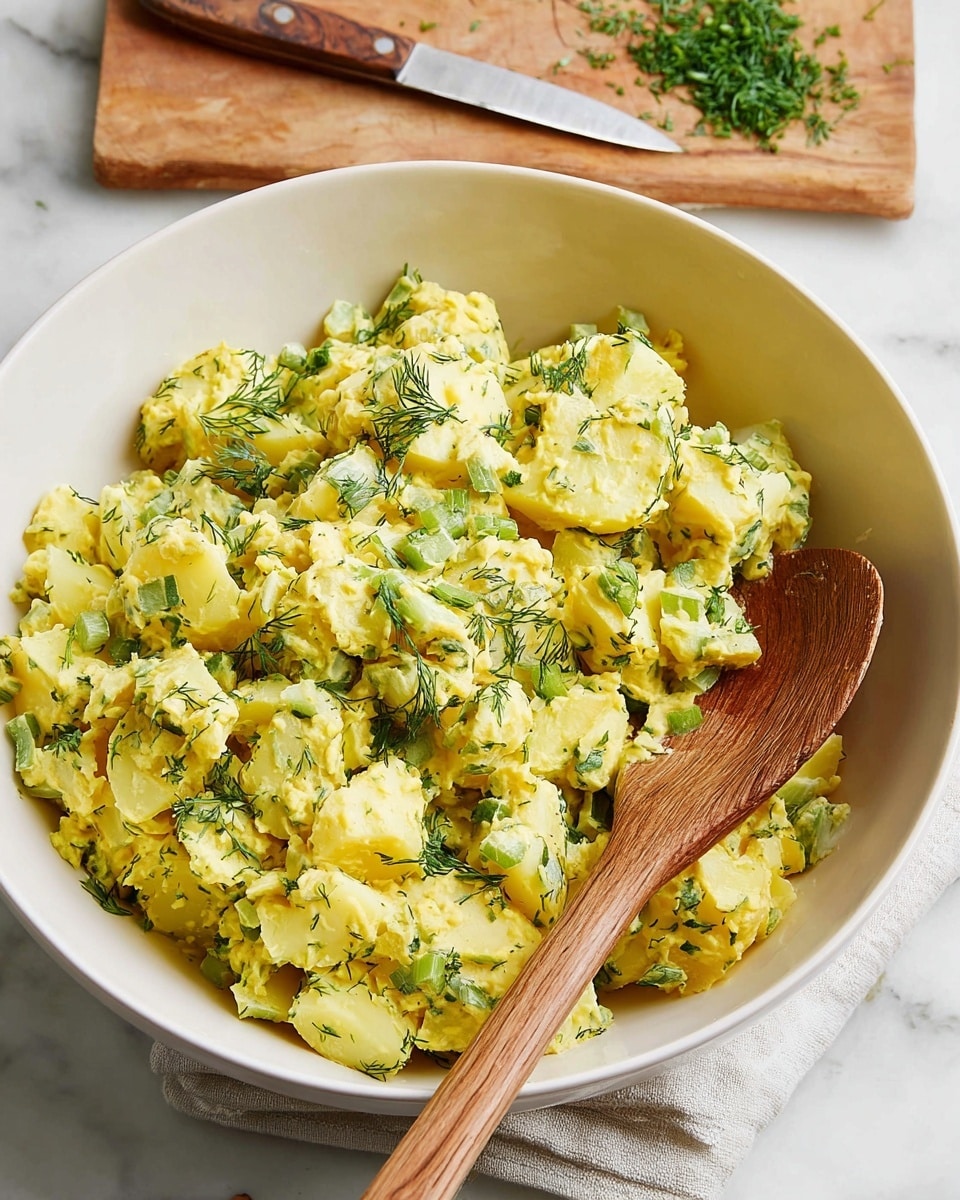 A white bowl filled with chunky yellow potato salad mixed with small green pieces of celery and herbs. The potato salad looks creamy with visible fresh dill leaves sprinkled on top. A wooden spoon rests inside the bowl, partly submerged in the salad, showing texture and softness. In the background, a wooden board holds a knife with a wooden handle and some chopped green herbs. The whole scene is set on a white marbled surface, adding brightness to the image. Photo taken with an iphone --ar 4:5 --v 7