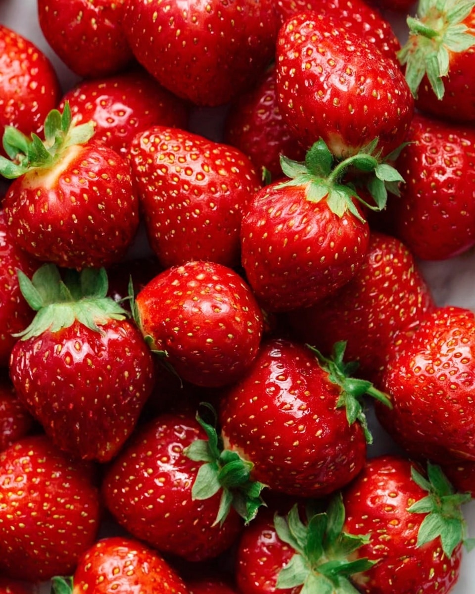 A close-up view of many fresh strawberries piled together, showing their bright red skin with small yellow seeds and green leaves on top. The strawberries have a shiny, slightly textured surface, and each fruit varies in size and shape, creating a natural, colorful pattern. The background is a white marbled texture, enhancing the bright colors of the strawberries. photo taken with an iphone --ar 4:5 --v 7