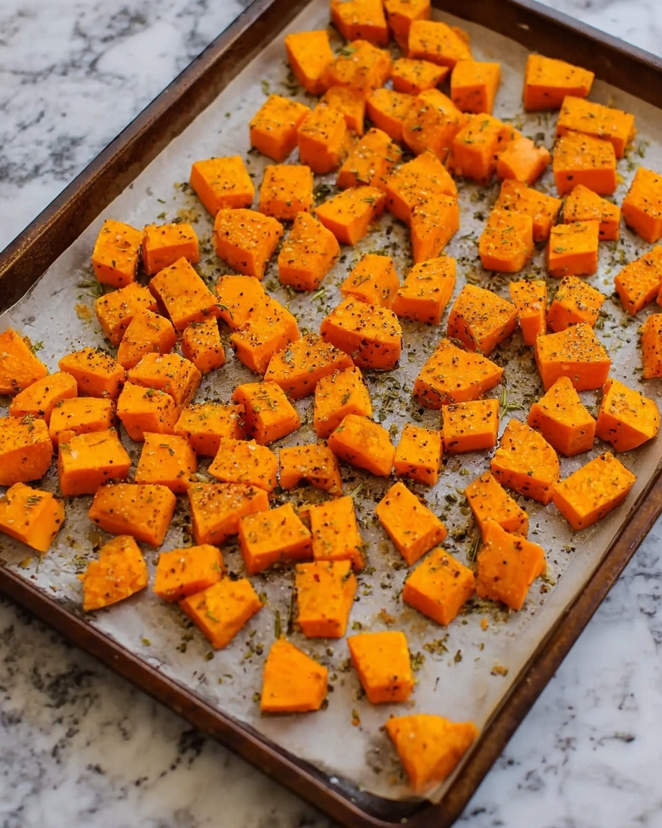 The image shows a baking tray lined with parchment paper holding many small orange cubes of roasted sweet potato, spread out evenly across the tray. Each cube is seasoned with specks of black pepper and herbs, giving a slightly rough texture to the smooth, bright orange surface. The tray sits on a white marbled surface. photo taken with an iphone --ar 4:5 --v 7