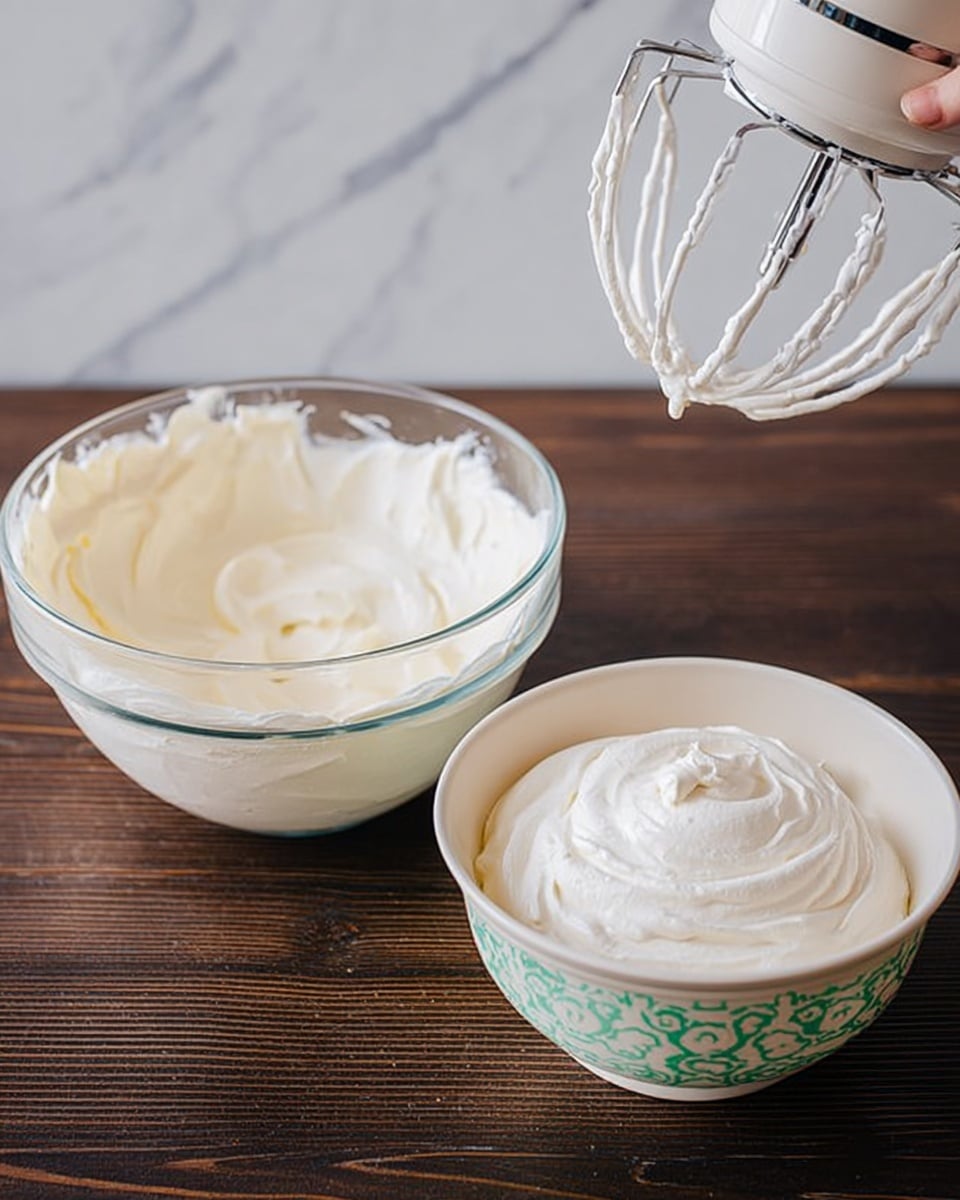 The image shows two bowls filled with smooth, white whipped cream sitting on a dark wooden surface. The bowl on the left is clear glass, and the bowl on the right is white with a green pattern on the rim. The whipped cream in both bowls is fluffy and swirled with soft peaks. Above the left bowl, a woman’s hand is holding a white mixer with two beaters coated in the whipped cream. The background is a white marbled texture. photo taken with an iphone --ar 4:5 --v 7