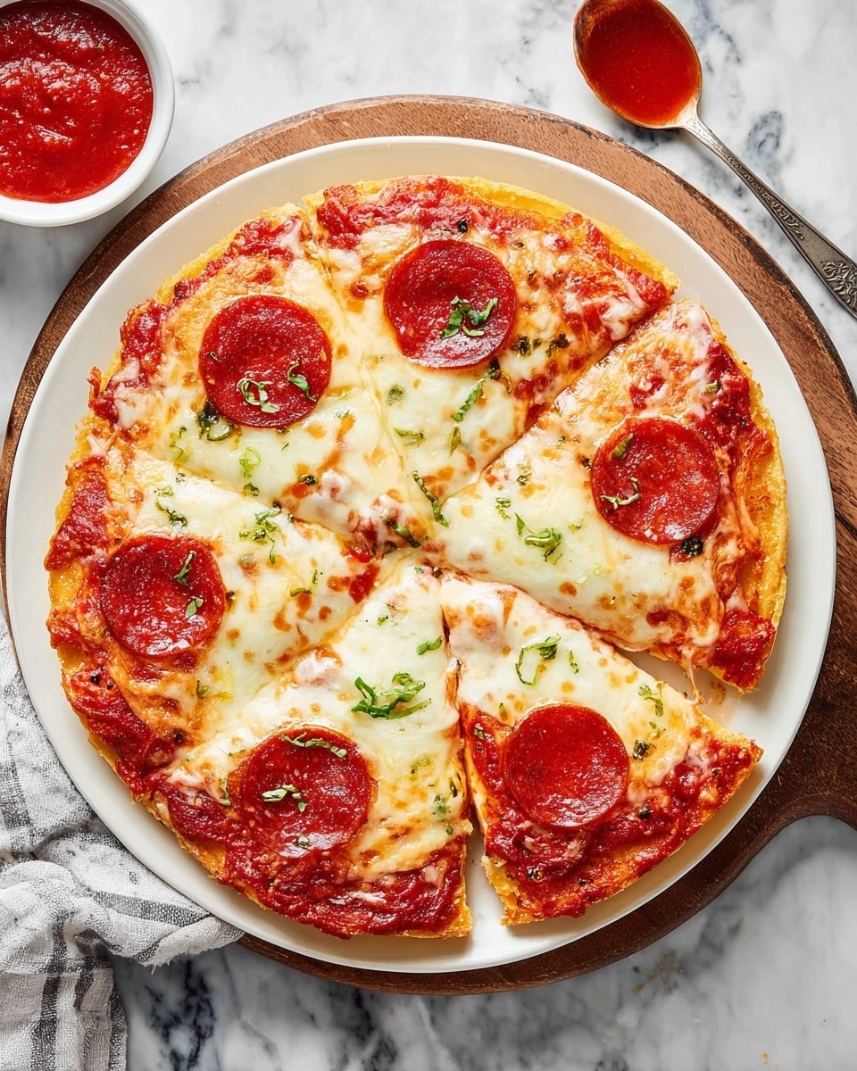 A round pizza with eight slices is shown on a white plate on a wooden board atop a white marbled surface. The pizza has a thick golden crust and is topped with a red tomato sauce layer spread beneath a thick layer of melted white cheese that covers the whole pizza. On top of the cheese are six round slices of pepperoni, spaced evenly across different slices, with small green herb leaves scattered around. The cheese has a slightly browned texture in some spots, especially near the pepperoni. To the left of the plate, there is a small white bowl filled with red tomato sauce, and to the right, a spoon with red sauce rests on the white marbled surface. photo taken with an iphone --ar 4:5 --v 7