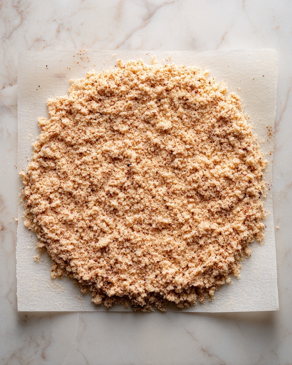 A rough, round layer of light beige crumbly mixture spreads out evenly on a square sheet of white parchment paper, placed on a white marbled surface. The mixture has a coarse texture with small, uneven pieces and tiny specks of darker brown scattered throughout, giving it a slightly toasted look. The edges of the circle are irregular but close to smooth, and the crumbly texture dominates the entire layer. photo taken with an iphone --ar 4:5 --v 7