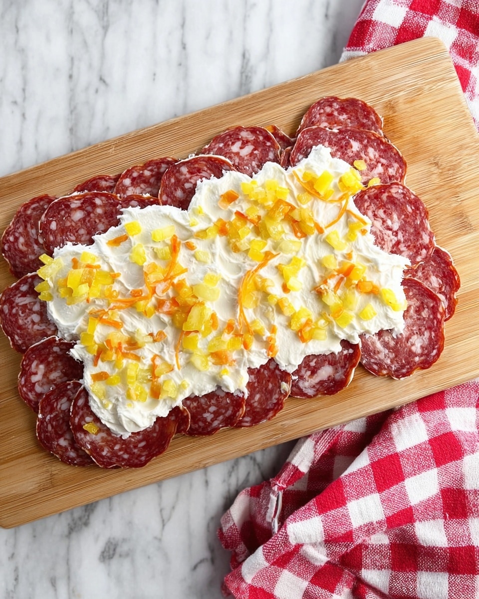 The image shows a wooden board with a layer of thin, round slices of salami forming the base. On top of the salami is a thick, uneven layer of white cream cheese spread across most of the salami. Scattered on the cream cheese are small, chopped pieces of yellow and orange pickled vegetables, adding a touch of color and texture. The board is placed on a white marbled surface, and a red and white checkered cloth is partially visible on the right side of the image. photo taken with an iphone --ar 4:5 --v 7