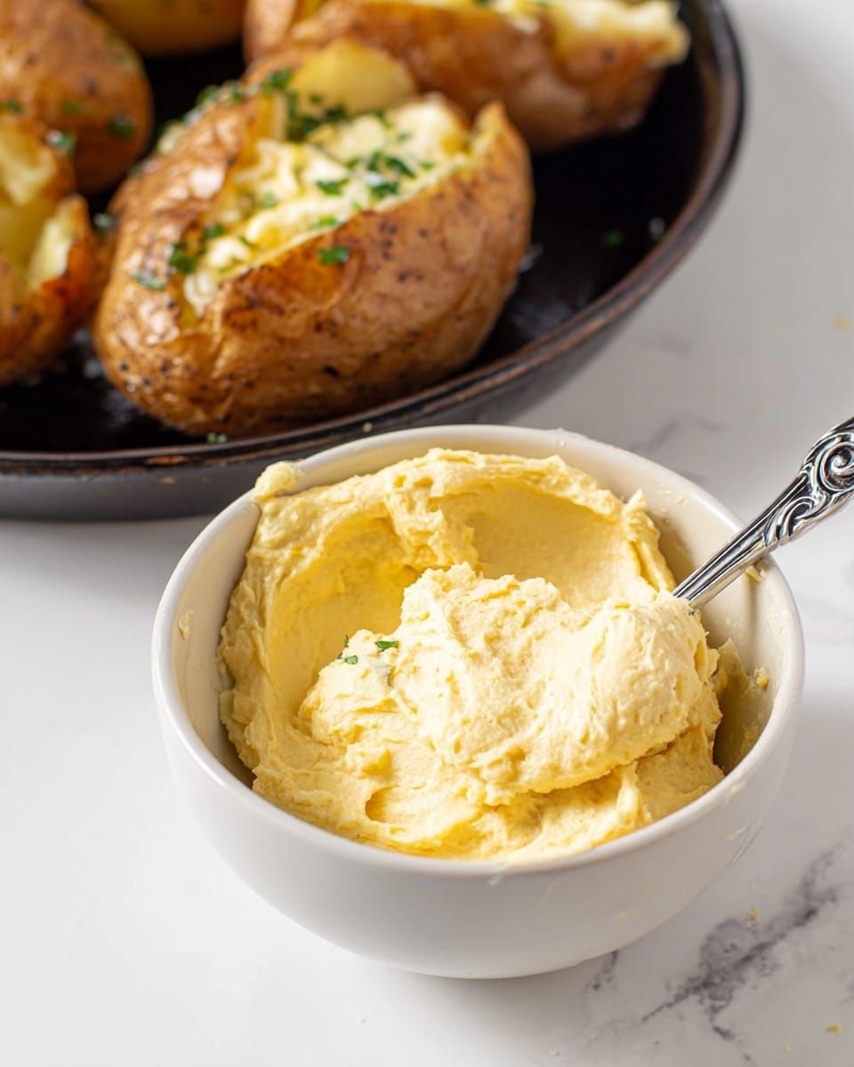 The image shows a small white bowl filled with a creamy, light yellow spread with a smooth and slightly fluffy texture. A silver spoon with decorative swirls on the handle rests inside the bowl, partially covered in the spread. In the background, there is a black pan containing baked potatoes with golden brown, slightly wrinkled skin, split open to reveal soft, pale yellow insides with bits of melted butter and small green herbs on top. The whole setup is placed on a white marbled surface. photo taken with an iphone --ar 4:5 --v 7