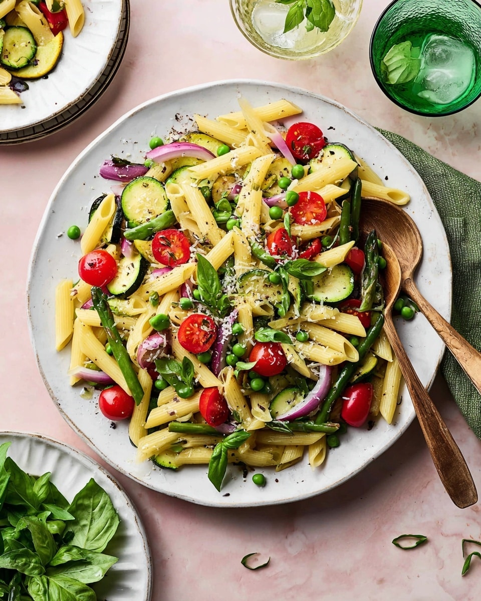 A large white plate holds a colorful pasta salad with three main layers. The base layer is light yellow penne pasta mixed evenly across the plate. The middle layer has bright green peas, asparagus pieces, and sliced yellow and green zucchini scattered throughout. The top layer features halved red cherry tomatoes, thin slices of purple onion, small fresh green basil leaves, and some grated cheese sprinkled over everything. A wooden spoon rests diagonally on the plate over the pasta salad. Nearby, there is a small round plate with fresh green basil leaves, empty white plates, a green glass with a light drink, and a white marbled surface underneath everything. photo taken with an iphone --ar 4:5 --v 7