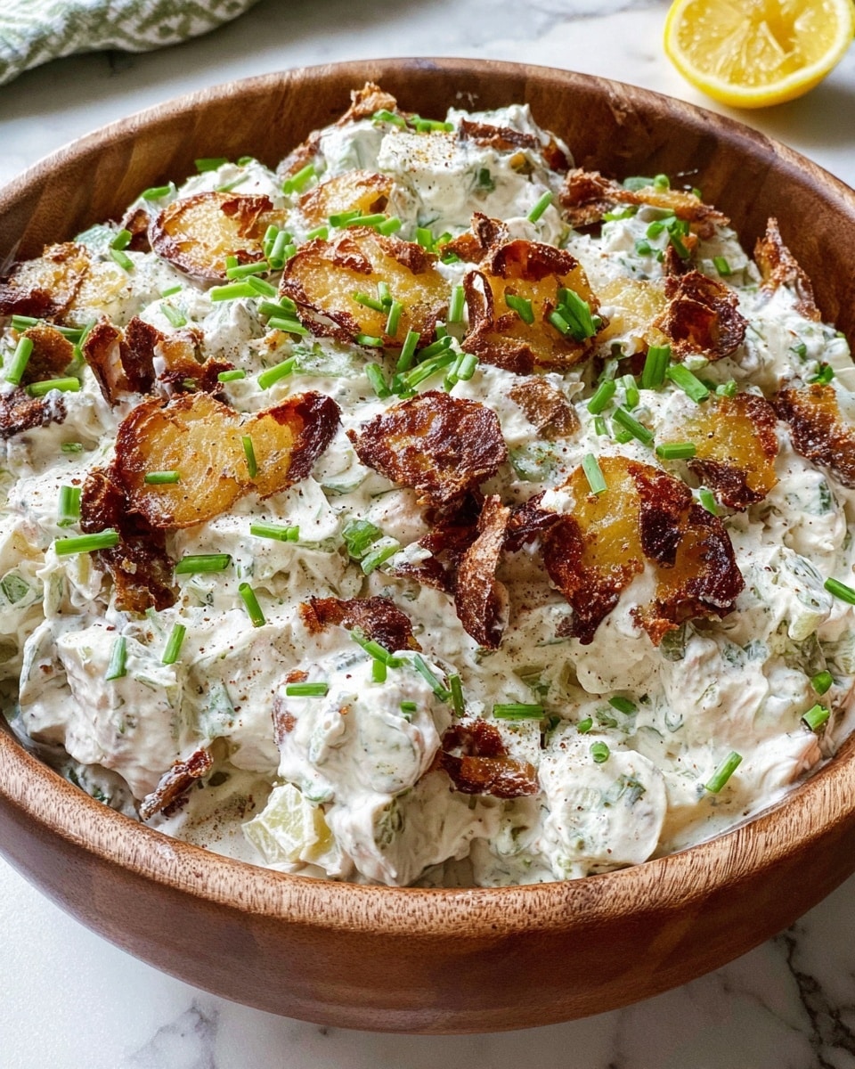 A wooden bowl filled with a creamy white salad mixed with small pieces of browned crispy potato layer and chopped green onions scattered on top. The salad has a thick, textured sauce with green herb bits spread evenly, giving it a fresh, rough look. Some potato pieces have darker, almost burnt edges, making the top layer look crunchy and golden brown. The bowl sits on a white marbled surface with a lemon wedge blurred in the background. photo taken with an iphone --ar 4:5 --v 7