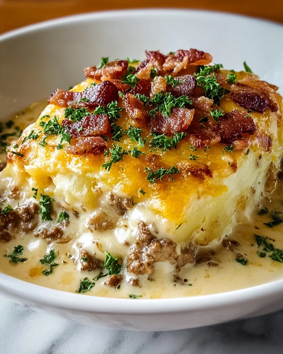 The dish is a creamy, warm cheesy casserole served in a white bowl on a white marbled surface. It has three visible layers: the base layer is soft, light yellow potatoes slightly covered by the rich, creamy sauce. The middle layer has melted cheese mixed with browned ground meat, creating a textured look with a mix of yellow and brown colors. The top layer is covered in melted cheese with crispy pieces of golden-brown bacon scattered, and it is garnished with finely chopped green parsley, adding freshness and color contrast. photo taken with an iphone --ar 4:5 --v 7