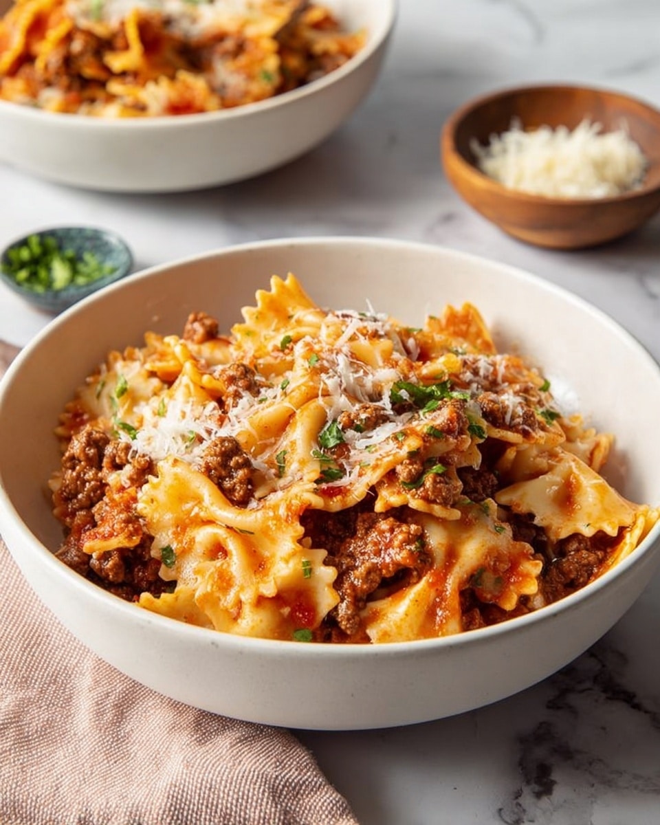 A white bowl filled with layered cooked pasta noodles that have a ruffled edge, mixed with brown cooked ground meat and covered in a light red tomato sauce. The pasta is sprinkled with grated cheese and small pieces of green herbs. In the background, there is a white bowl with the same pasta dish and a wooden bowl with grated cheese, all set on a white marbled surface. Photo taken with an iphone --ar 4:5 --v 7