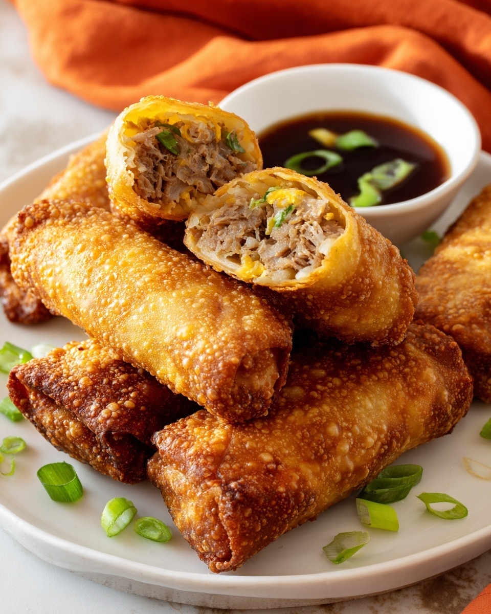 The image shows a white plate on a white marbled surface filled with five crispy golden brown egg rolls, two of which are cut open to show the inside layers of light beige shredded meat mixed with small green onion pieces. The egg rolls have a bubbly and crunchy texture on the outside, with uneven golden color variations. Next to the egg rolls, there is a small white bowl filled with dark brown dipping sauce with a few green onion slices floating on it. Scattered around the plate are small green onion pieces, and there is an orange cloth blurred in the background. photo taken with an iphone --ar 4:5 --v 7