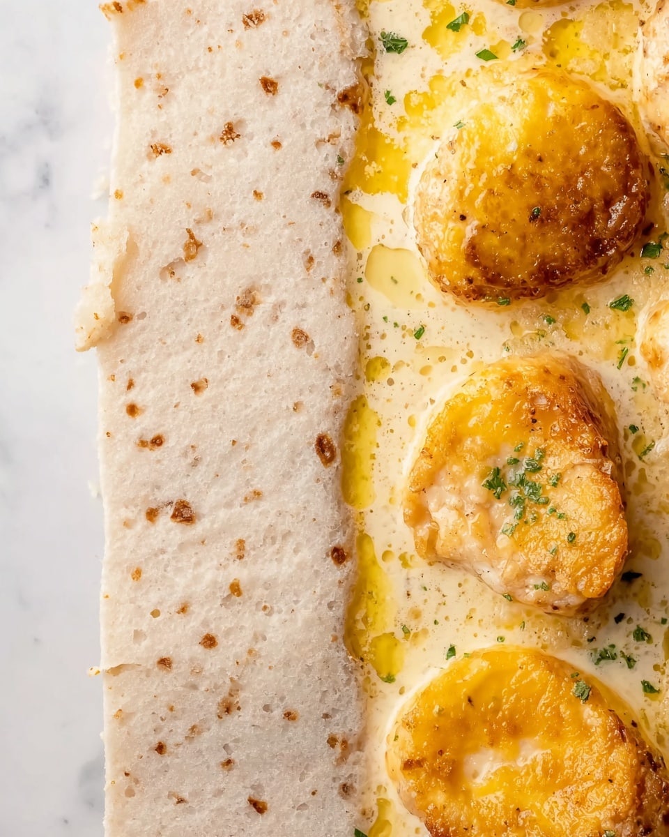 The image shows a close-up of a dish divided in half vertically; on the left side there are three light beige layers of batter or dough spread thinly with small brown specks, having a slightly rough texture and soft appearance. On the right side, there are three round, golden-brown baked or fried pieces with a bubbly, creamy, light yellow sauce around them, sprinkled with small green herb pieces, all placed on a surface with a white marbled texture. Photo taken with an iphone --ar 4:5 --v 7