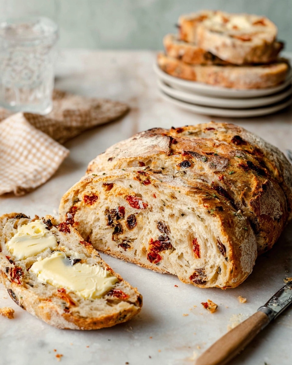 The image shows a rustic loaf of bread with a golden brown crust on a white marbled surface. The bread is cut into thick slices, revealing a soft, airy inside filled with pieces of sun-dried tomato and bits of dark olives, creating red and dark specks throughout the creamy beige dough. One slice is spread with melting butter that looks creamy white, adding a shiny texture on the bread. There are some crumbs and a small piece of torn bread around the main loaf. In the background, there is a stack of white plates with more bread on top, a glass of water, and a beige checkered cloth. A butter knife with butter on it lies in the foreground. Photo taken with an iphone --ar 4:5 --v 7