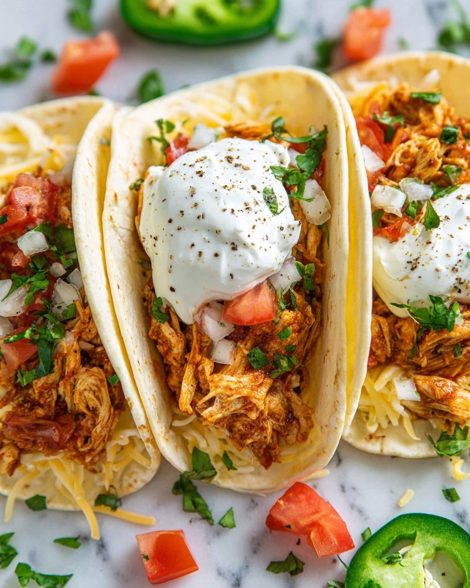 The image shows three soft white tortillas arranged side by side on a white marbled surface. Each tortilla holds layers starting with a base of shredded pale yellow cheese, topped by a generous portion of orange-brown spiced shredded chicken mixed with small chunks of red tomatoes and green peppers. Over the chicken is a sprinkling of diced white onions and finely chopped green herbs. The top layer is a dollop of thick white sour cream sprinkled with black pepper. Around the tortillas, there are scattered small tomato pieces, chopped green herbs, and slices of fresh green jalapeño. Photo taken with an iphone --ar 4:5 --v 7