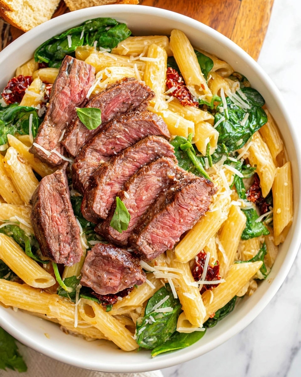 A white bowl filled with creamy yellow penne pasta as the base layer, mixed with bright green spinach leaves and dark red sun-dried tomato pieces scattered throughout. On top of the pasta, there are several slices of medium-rare steak arranged in a neat row, showing a pink center with a browned outer edge. The steak slices have a sprinkling of shredded white cheese and small green parsley leaves on them, adding a fresh contrast. The bowl is placed on a white marbled surface, and part of a wooden board with a piece of bread is visible near the top left corner. Photo taken with an iphone --ar 4:5 --v 7