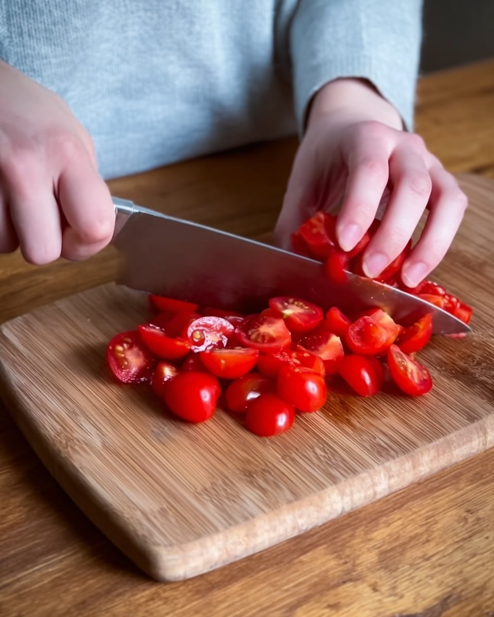 The image shows a woman's hand holding a knife, slicing bright red grape tomatoes on a wooden cutting board. The tomatoes are small, shiny, and cut into halves or thirds, with seeds and juice visible inside. The woman's hand is positioned to hold the tomatoes steady, and she is wearing a light gray, long-sleeved shirt. The background shows a wooden surface. photo taken with an iphone --ar 4:5 --v 7