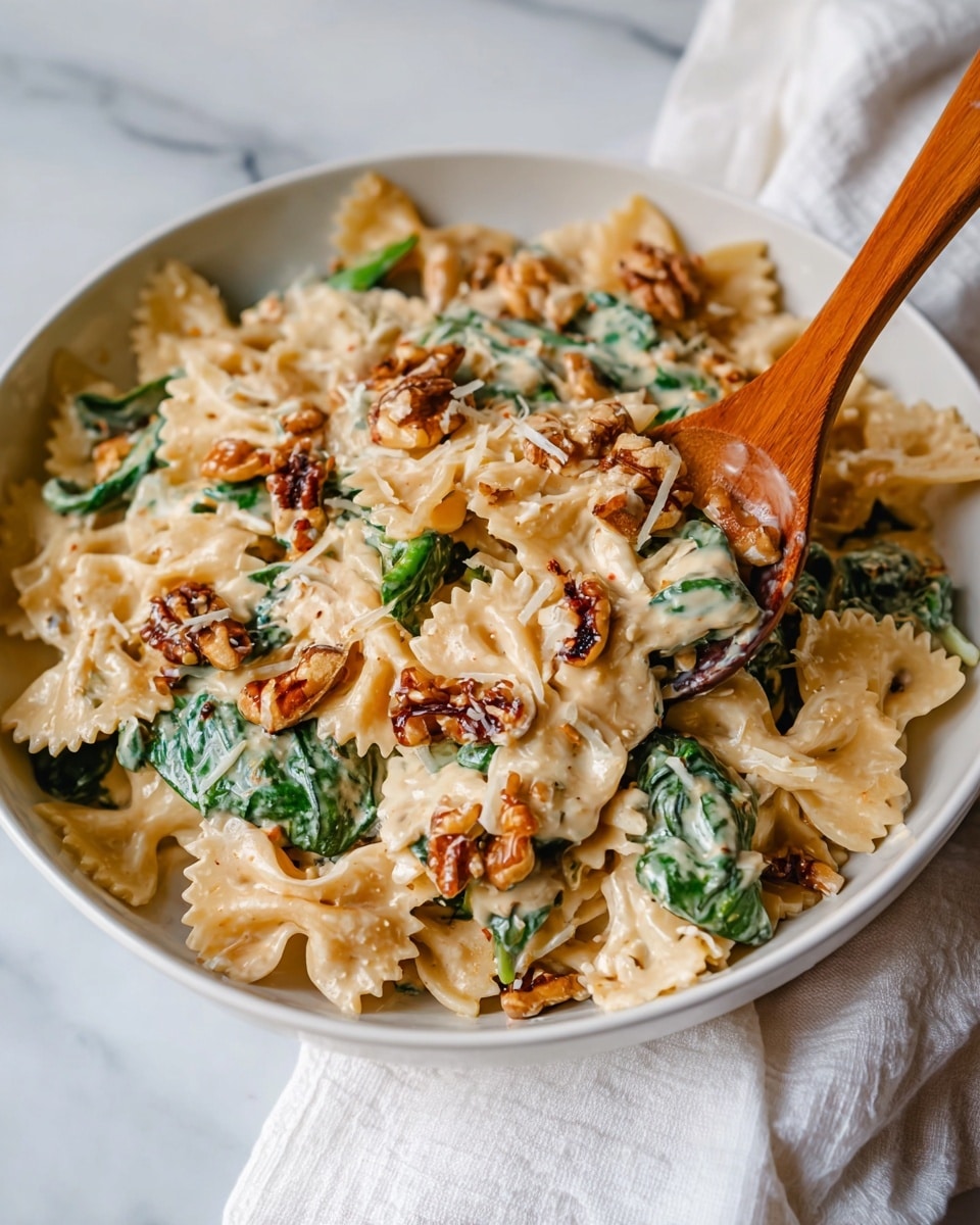 The dish is a creamy pasta with three clear layers visible in a white bowl: the bottom layer is made of bowtie pasta in a light beige color, the middle layer has bright green spinach leaves, and the top layer shows small pieces of brown walnuts scattered with bits of darker sun-dried tomatoes throughout. The creamy sauce covers all the ingredients, giving a smooth, shiny texture connecting all the layers, with some fresh grated cheese on top. A wooden utensil is partially dipped inside the pasta, lifting some pieces, and the bowl rests on a white marbled surface with a white cloth nearby. photo taken with an iphone --ar 4:5 --v 7