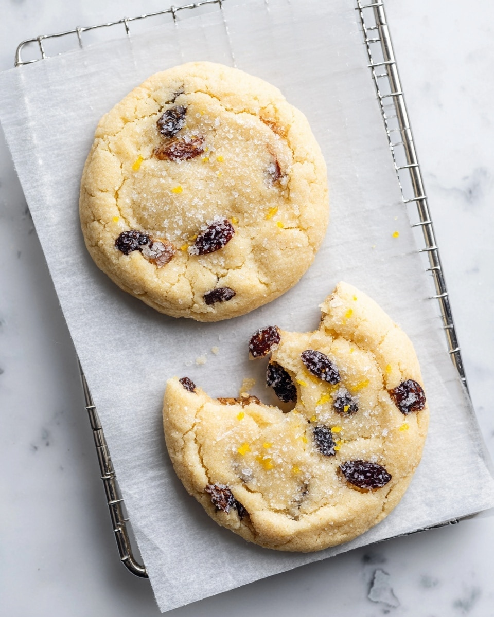 Two round cookies with a soft, slightly crinkled texture are placed on white parchment paper on top of a metal cooling rack. Each cookie is light golden with dark brown bits of dried fruit scattered inside. One cookie is whole, and the other has a bite taken out showing a tender inside. Both cookies are sprinkled with coarse sugar crystals on top that sparkle under the light. Small pieces of yellow zest are mixed throughout the cookies, adding subtle flecks of color. The cooling rack and parchment paper sit on a white marbled surface. photo taken with an iphone --ar 4:5 --v 7