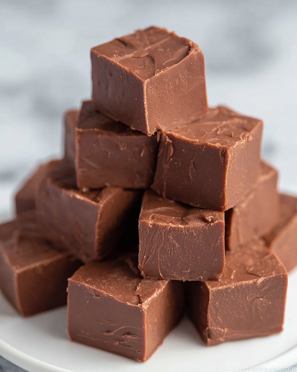 A pyramid of smooth, shiny milk chocolate fudge cubes is neatly stacked on a white plate, each cube showing clean sharp edges with a few light cracks and small swirls on the top surface, giving a soft and creamy look. The fudge pieces are deep brown with a slight gloss, indicating richness, and the close-up view highlights their dense, firm texture. The background is a soft blur with a clean white marbled texture. photo taken with an iphone --ar 4:5 --v 7