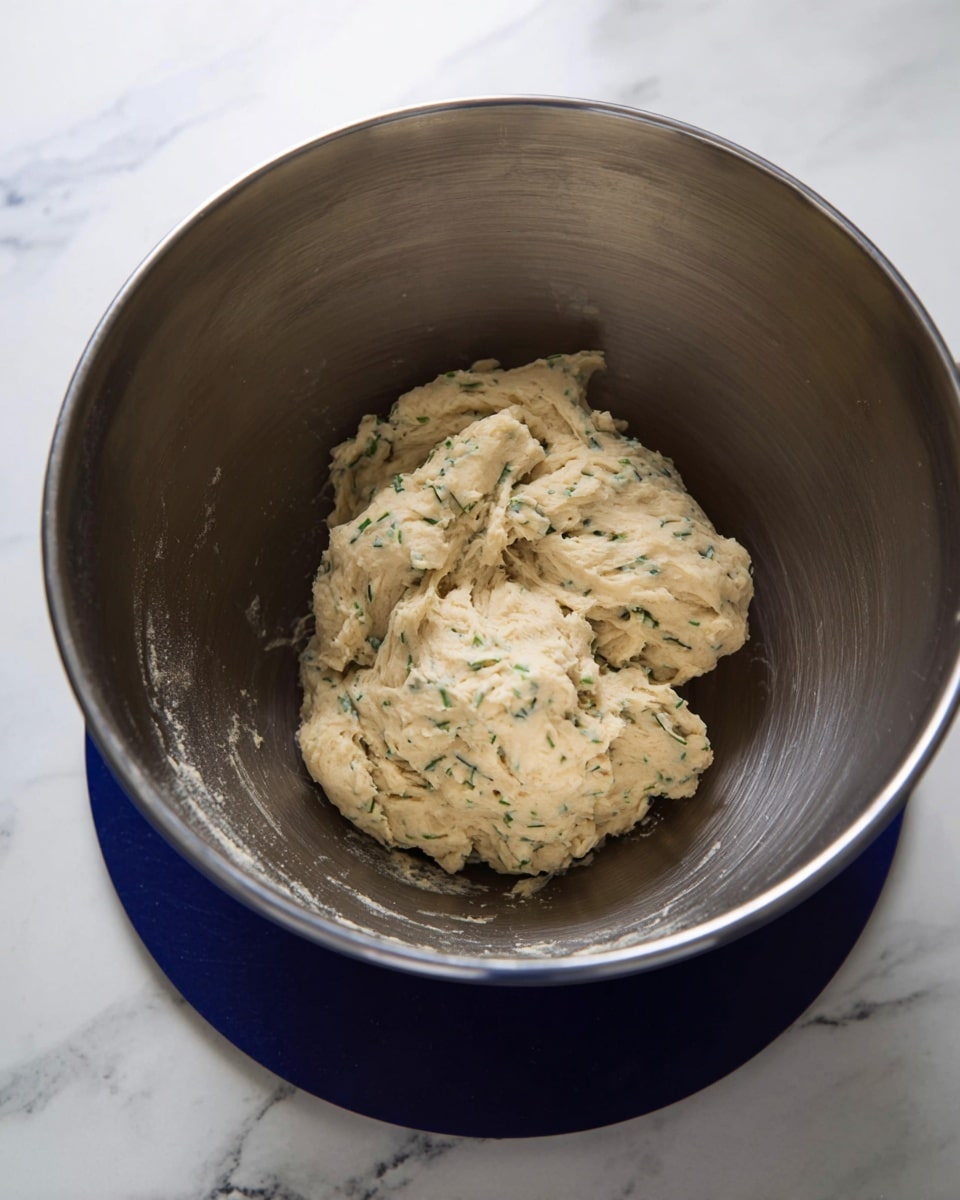 A silver mixing bowl holds a ball of dough with small green herb pieces mixed throughout. The dough is light beige with a slightly sticky and soft texture, sitting in the middle of the bowl. The bowl rests on a dark blue base on a white marbled surface. photo taken with an iphone --ar 4:5 --v 7