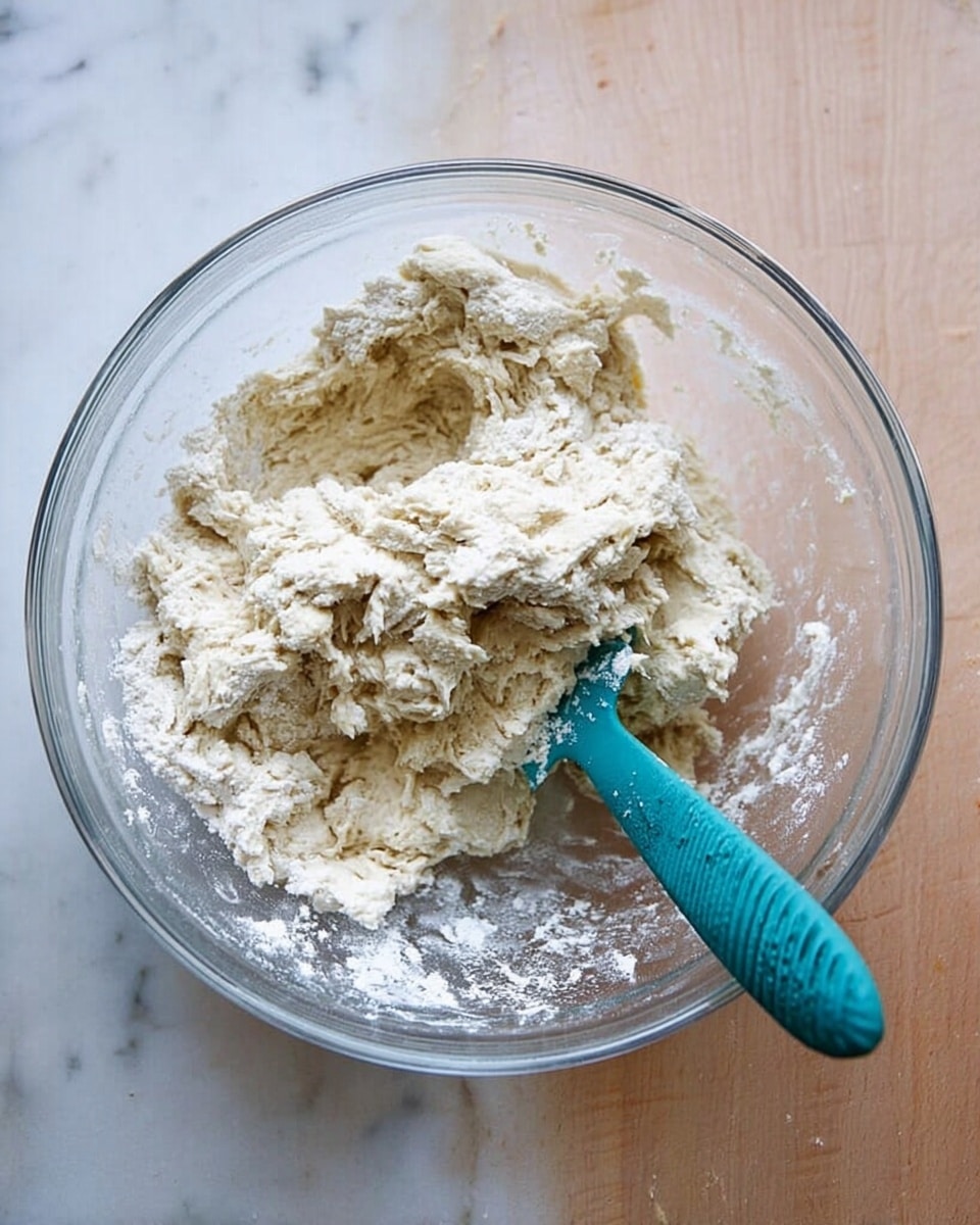 A clear glass bowl sits on a white marbled surface, filled with an uneven mixture of light beige dough and white flour. The dough looks soft and slightly sticky with rough, lumpy textures, while some loose flour powders cling to the inside walls of the bowl. A teal silicone spatula with a textured handle is resting in the bowl, partially covered with dough on one side. photo taken with an iphone --ar 4:5 --v 7