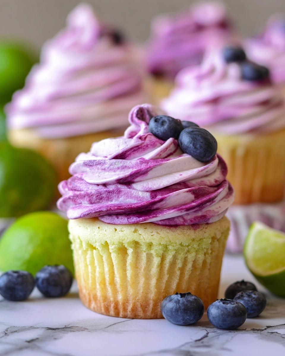 A close-up of a cupcake with two layers: the bottom is a light yellow cake with a soft, slightly bumpy texture, and the top layer is a thick swirl of light purple frosting with streaks of dark pink mixed in, giving it a marbled look. The frosting has smooth peaks and waves and sits perfectly on the cake. Around the cupcake are fresh, round blueberries and small green limes on a white marbled surface. Other similar cupcakes are blurred in the background. Photo taken with an iphone --ar 4:5 --v 7