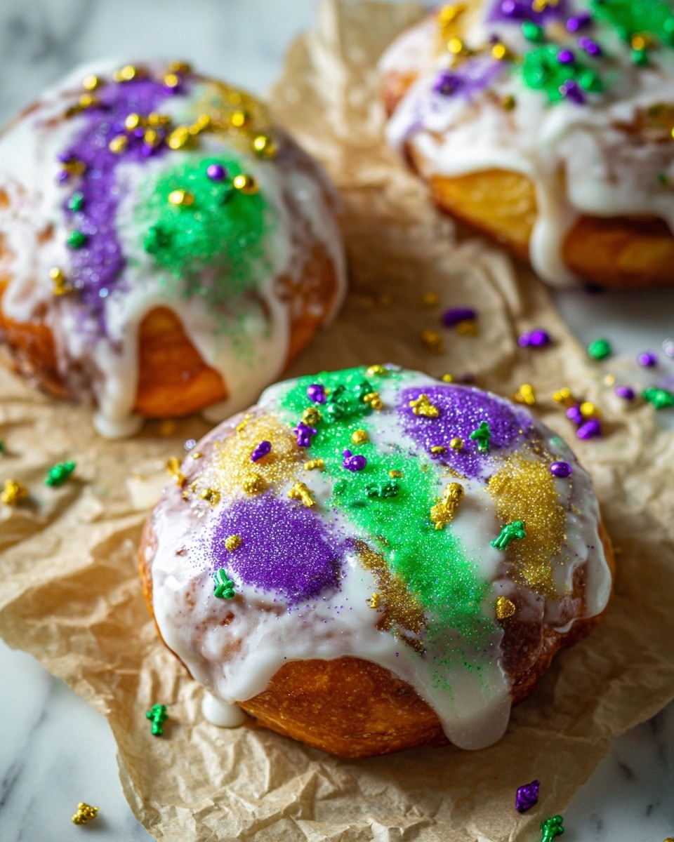 The image shows three round pastries with a golden-brown crust, each topped with a thick layer of white icing that drips down the sides. The icing is decorated with vibrant sprinkles in three main colors: green, purple, and gold, spread unevenly across each pastry in patchy sections. Small, shiny plastic figurines shaped like tiny people in green, purple, and gold are scattered on top and around the pastries. The pastries rest on crumpled light brown parchment paper, all set on a white marbled surface. photo taken with an iphone --ar 4:5 --v 7
