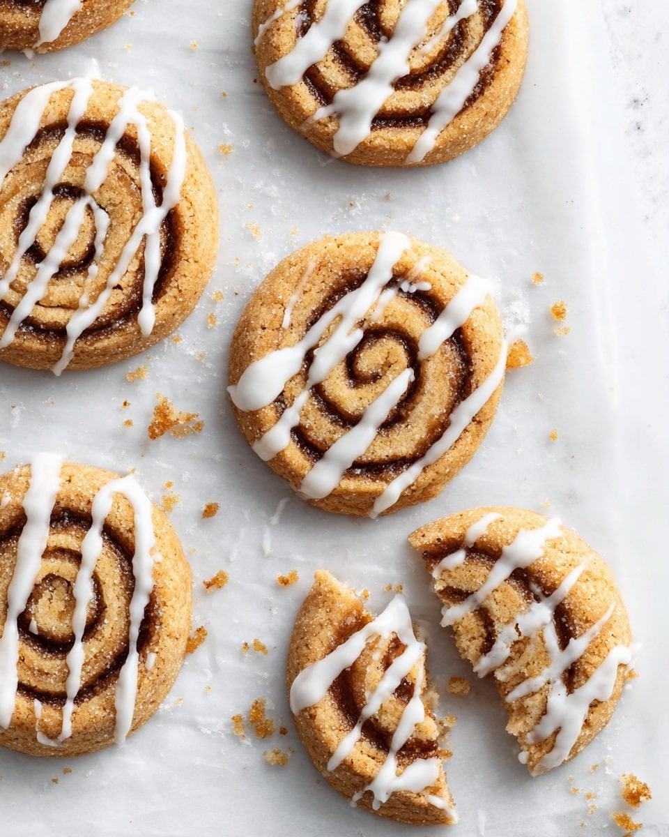 The image shows six round cookies arranged on a sheet of white parchment paper placed on a white marbled surface. Each cookie has a light golden brown base with a spiral layer of darker cinnamon-colored filling on top. The cookies are drizzled with a thin, white icing in irregular lines across their surfaces. One cookie in the lower right corner is partially eaten, with crumbs scattered nearby. The texture of the cookies looks soft and slightly crumbly. Photo taken with an iphone --ar 4:5 --v 7