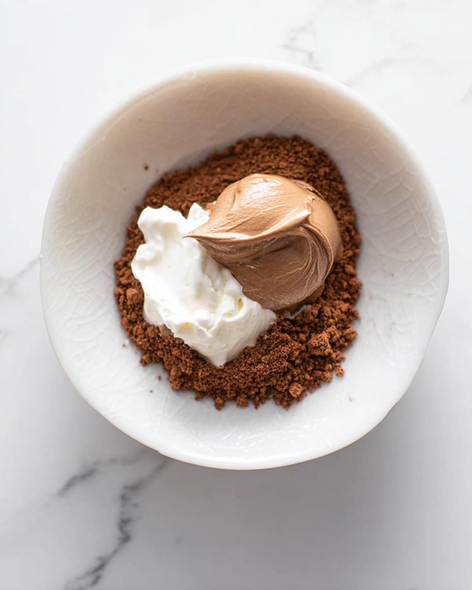 The image shows a white bowl with a white marbled surface. Inside the bowl, there are three layers placed close to each other. The bottom layer is a loose, coarse brown powder, forming a small mound in the center. On top of this powder, there are two dollops: one is smooth and creamy with a medium brown color, and the other is also smooth but bright white, slightly smaller and placed slightly overlapping the brown dollop. The texture of both dollops looks thick and soft. Photo taken with an iphone --ar 4:5 --v 7