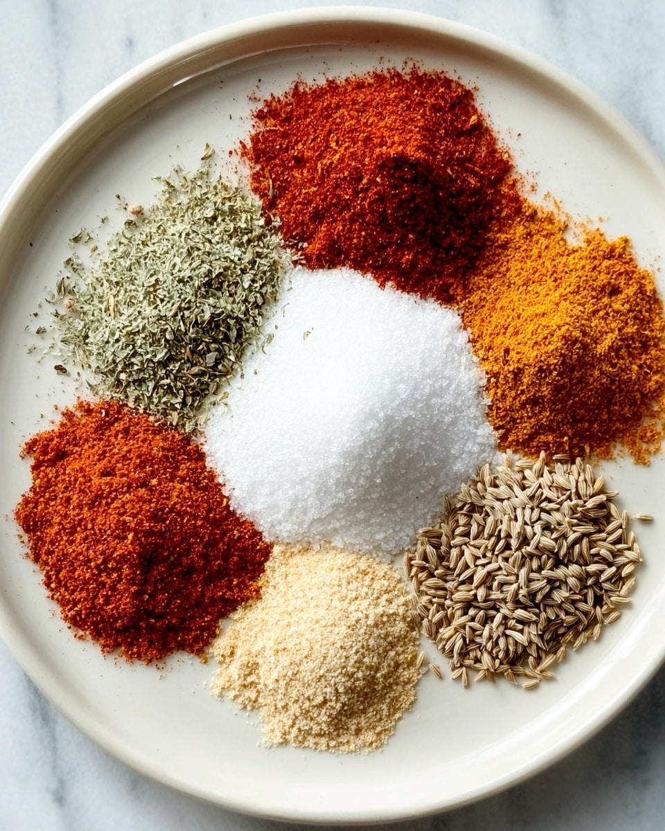A white plate holds seven small piles of spices arranged in a circle on a white marbled surface. In the center is a mound of white salt with a smooth, fine texture. Surrounding it, starting from the top and moving clockwise, there is a heap of bright red chili powder with a powdery texture, light beige dried herb flakes, medium green dried herb flakes, rusty orange cayenne powder, pale golden fine powder, and light brown cumin seeds with a rough texture. The spices vary in size and texture, creating a colorful and neat pattern. photo taken with an iphone --ar 4:5 --v 7